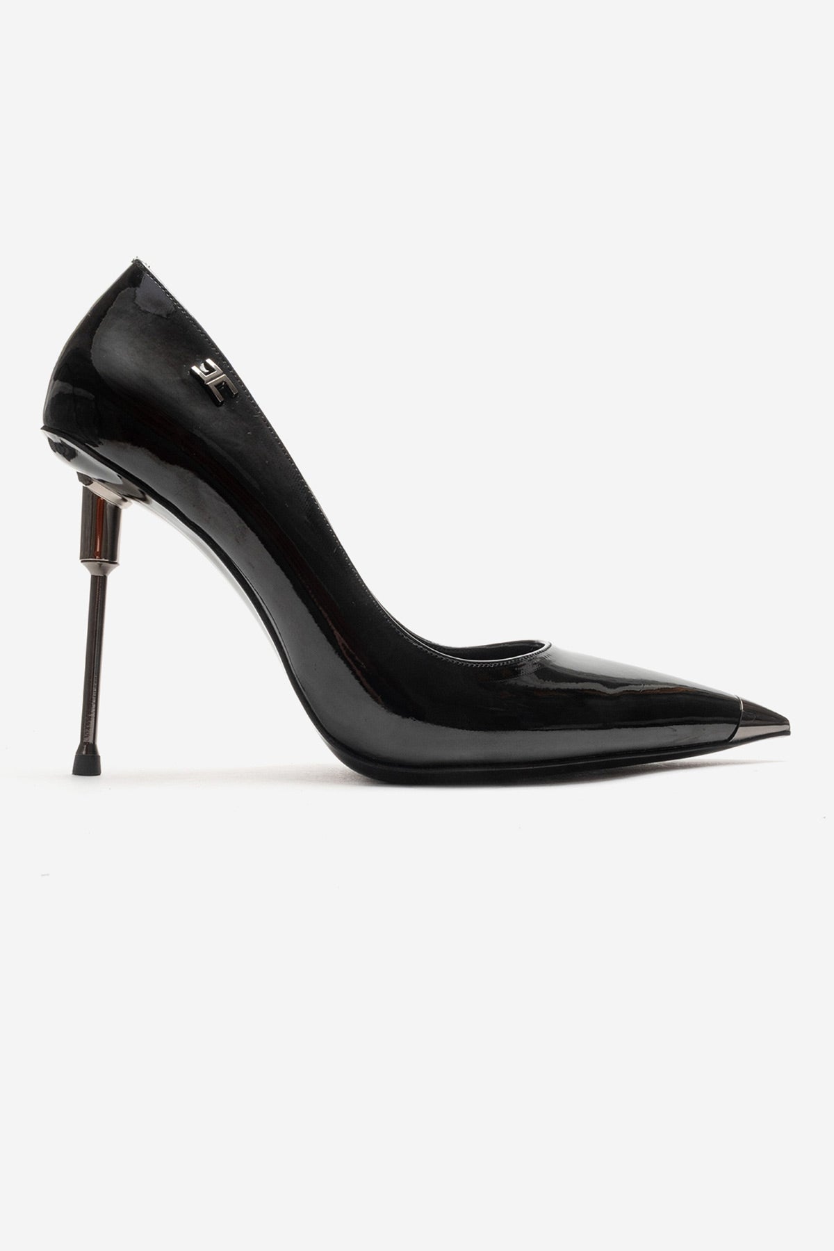 CARLAS - Black Patent Stiletto Pump – heel view showing leather, black, SimmiUnique