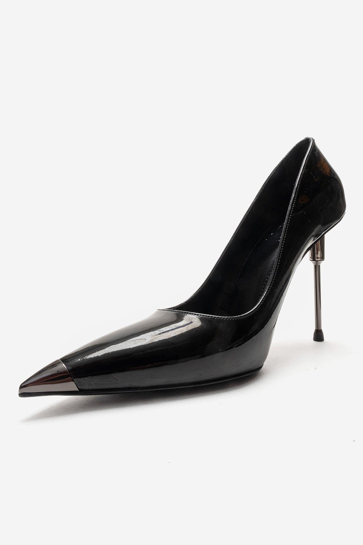 CARLAS - Black Patent Stiletto Pump – top view showing leather, black, SimmiUnique