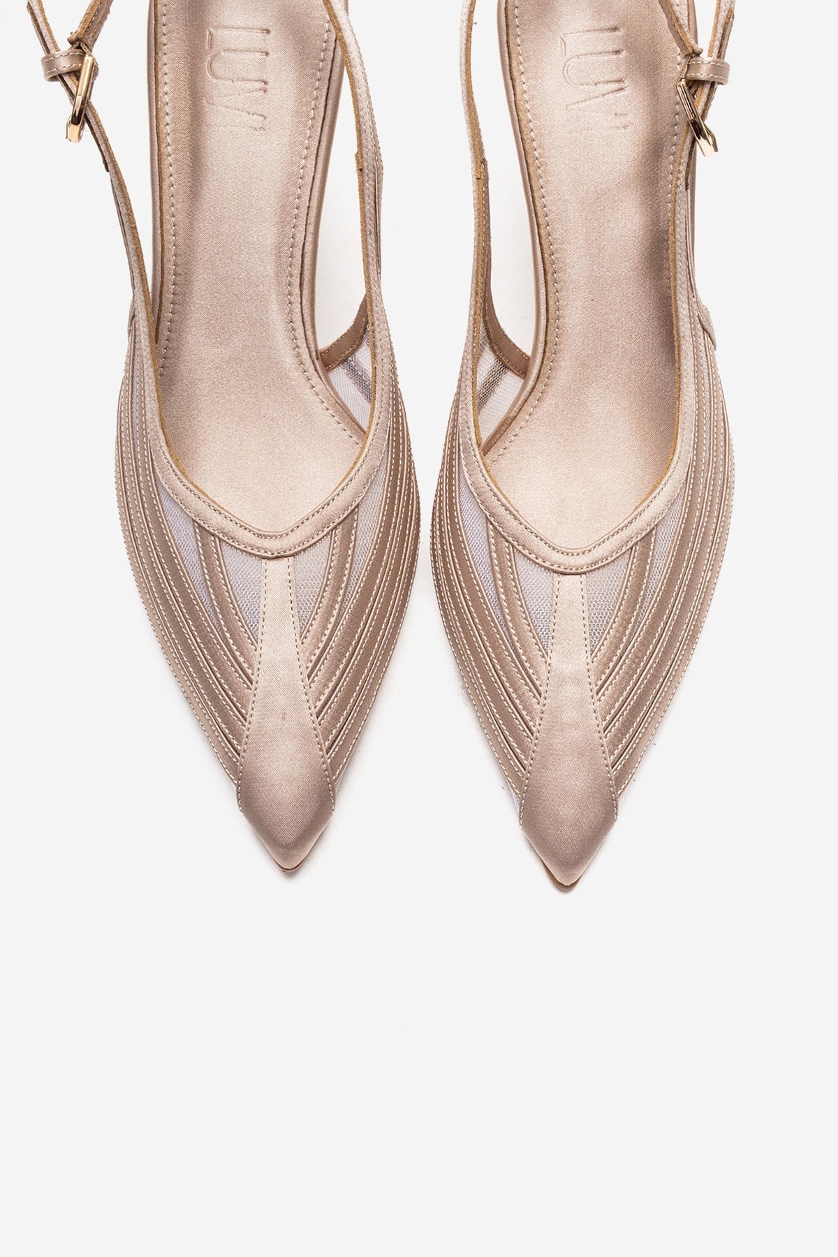 FAUNA - Beige Satin Stiletto Pump – side view showing satin, red, SimmiUnique