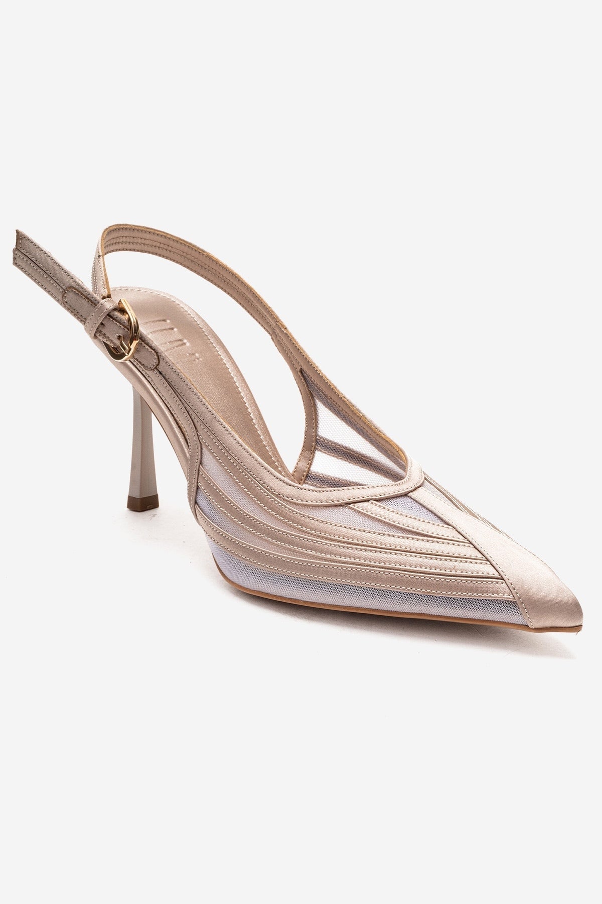 FAUNA - Beige Satin Stiletto Pump – detail view showing satin, red, SimmiUnique
