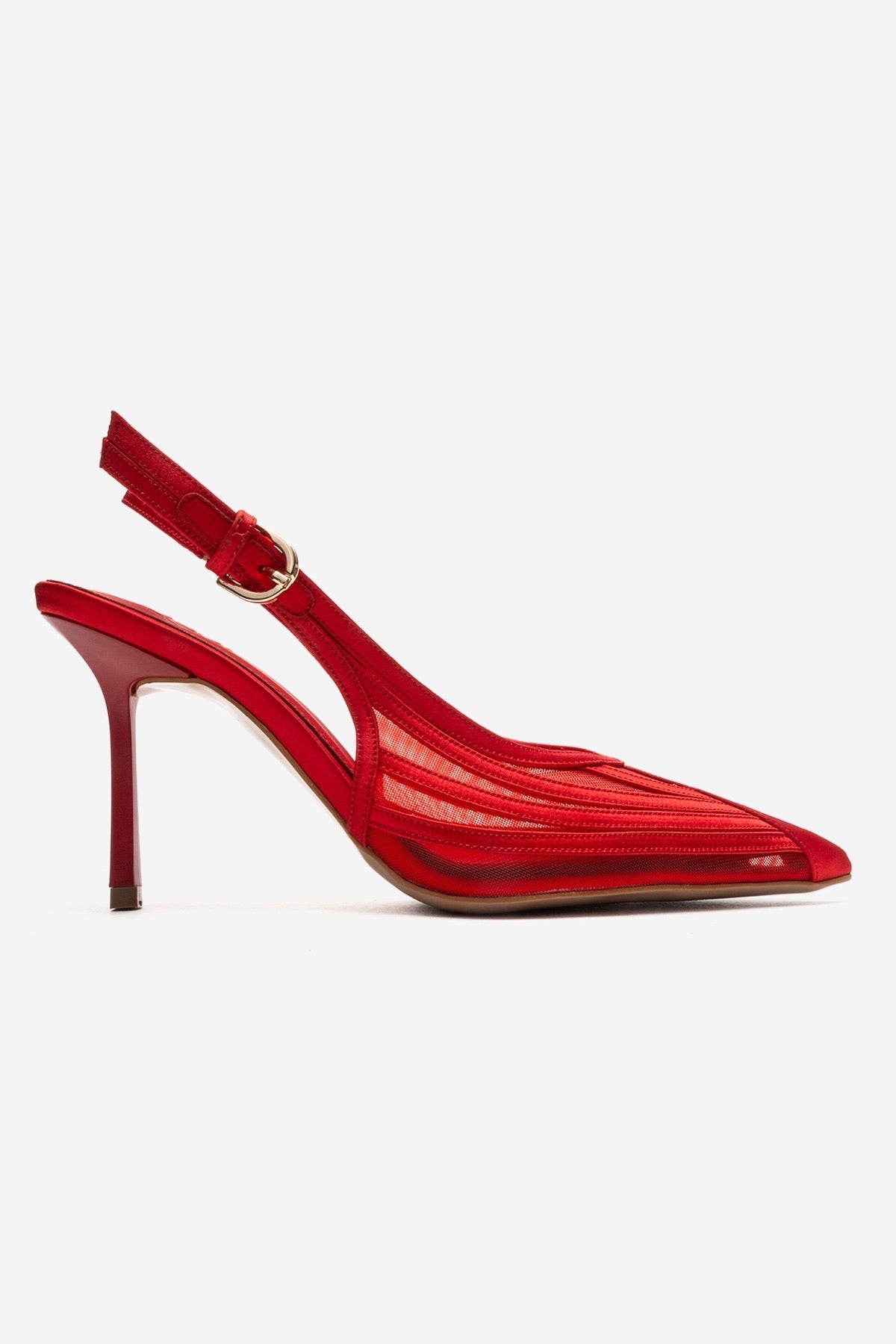 FAUNA - Red Satin Stiletto Pump – heel view showing satin, red, SimmiUnique