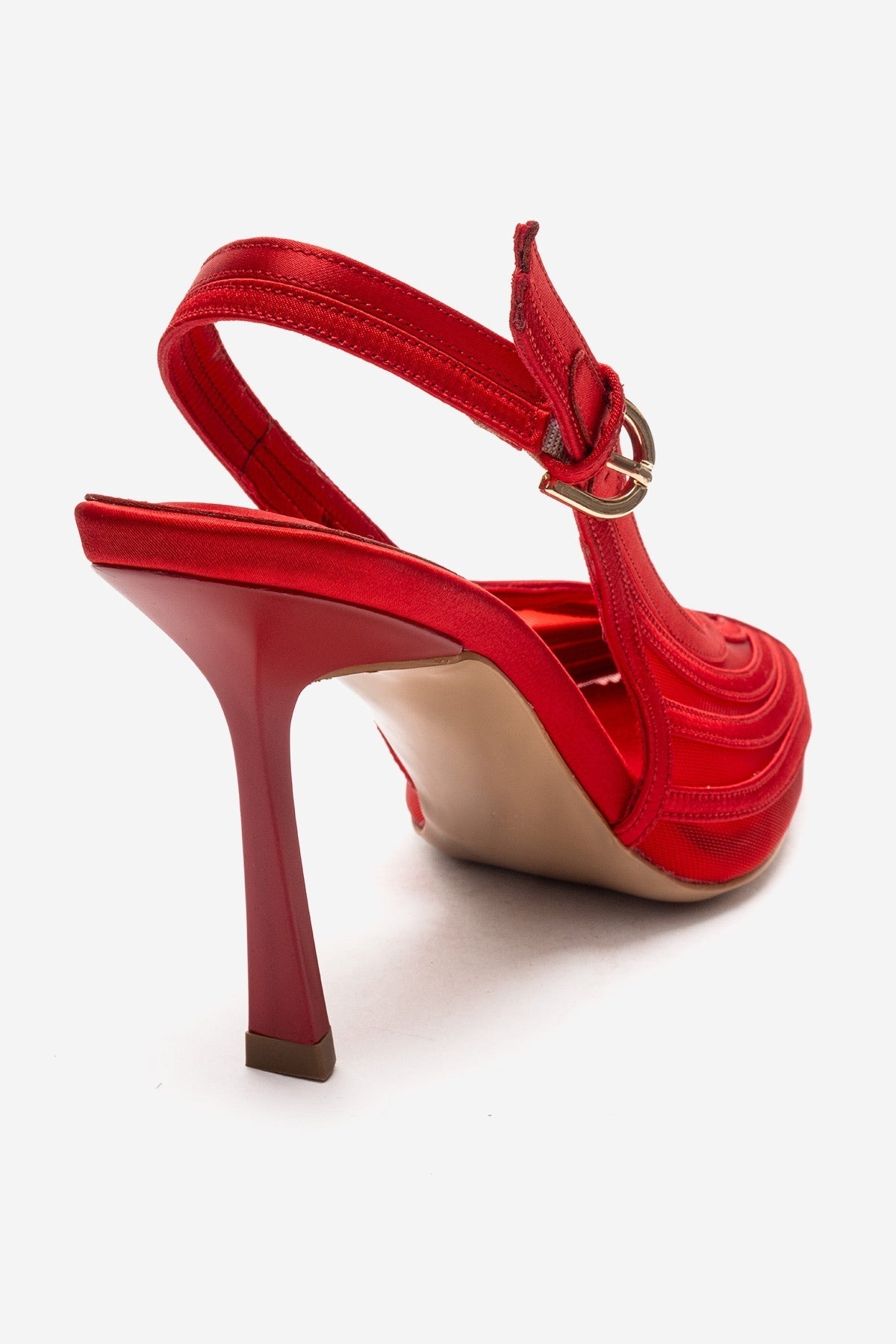 FAUNA - Red Satin Stiletto Pump – back view showing satin, red, SimmiUnique