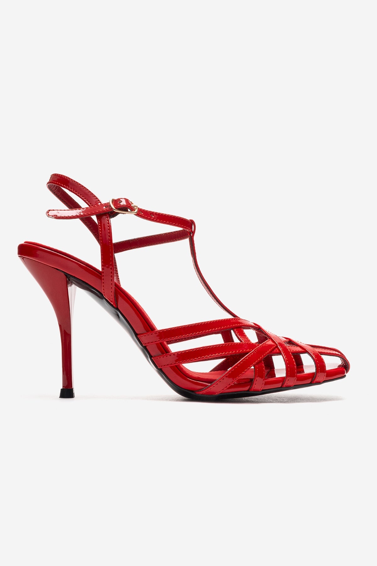ALLOS - Red Stiletto Pump – heel view showing leather, red, SimmiUnique