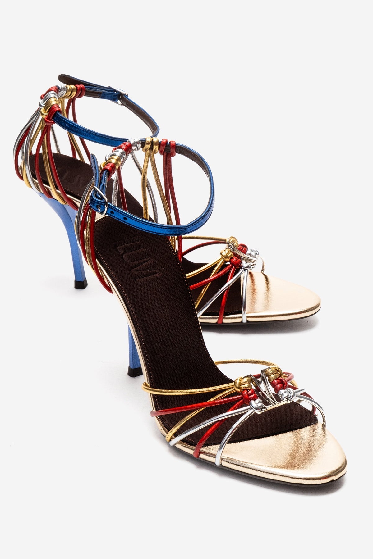 ARONA - Gold Multi Stiletto Heel Shoe – front three-quarter view showing leather, metallic, gold, SimmiUnique