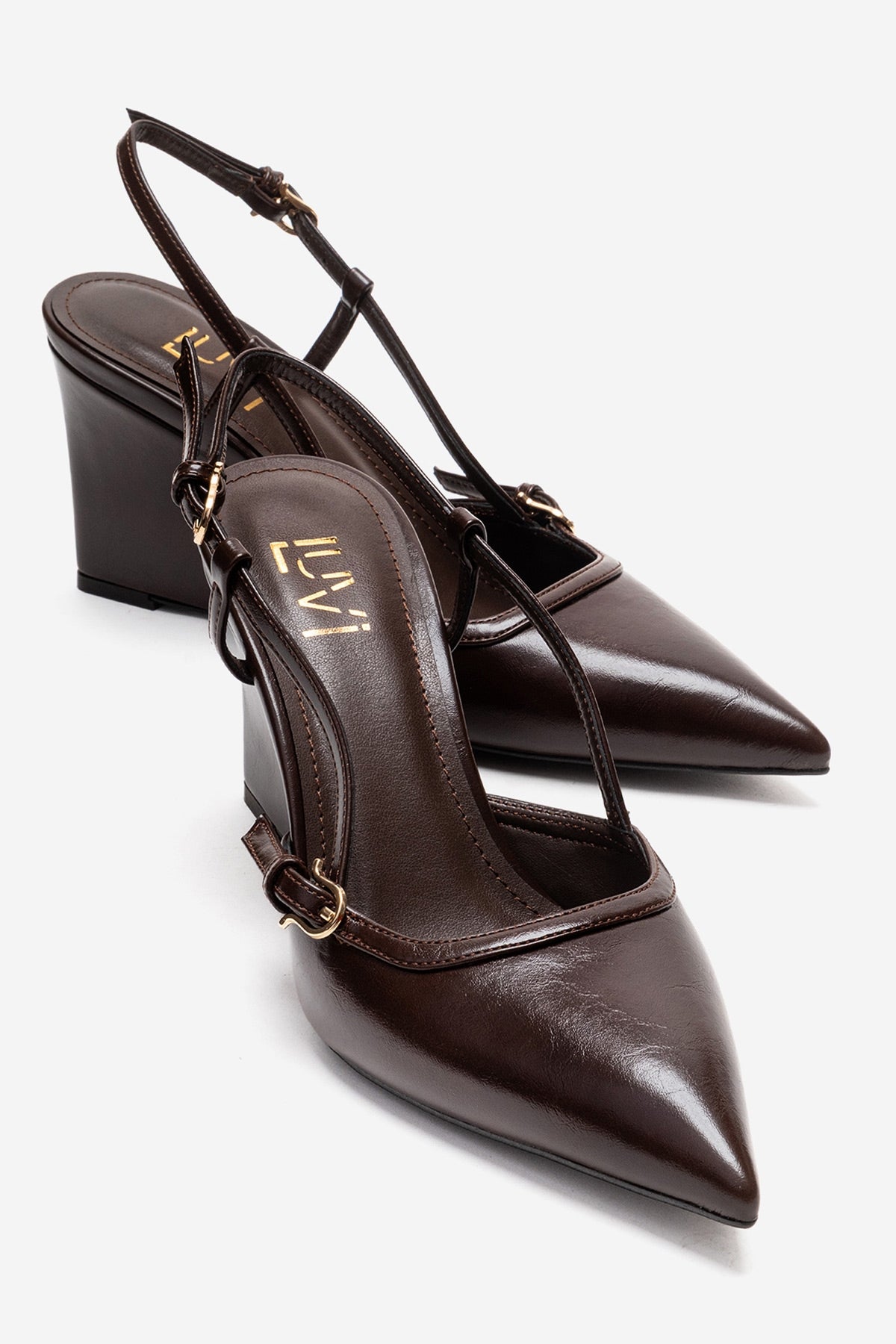CELIA - Brown Block Heel Pointed Toe Shoe – front three-quarter view showing leather, SimmiUnique