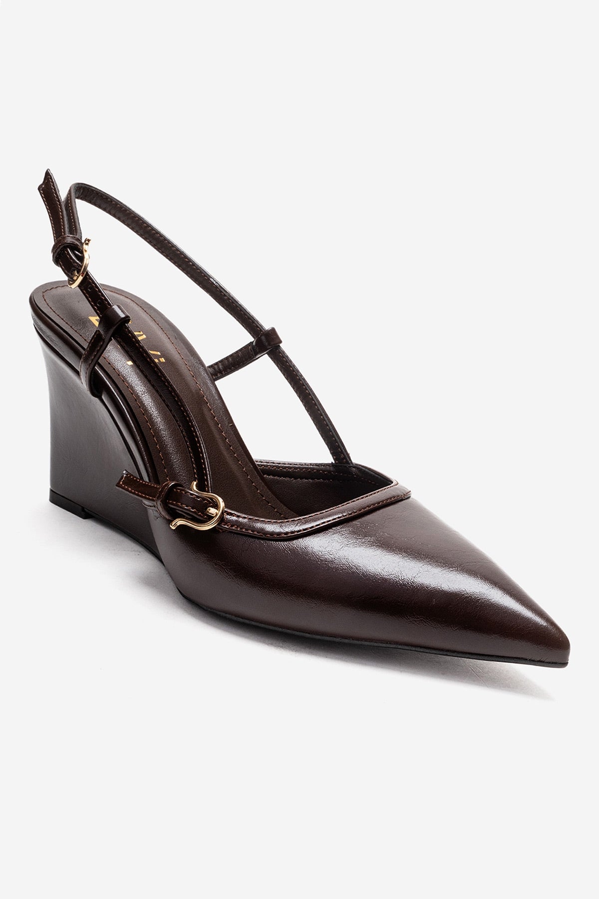 CELIA - Brown Block Heel Pointed Toe Shoe – detail view showing leather, SimmiUnique