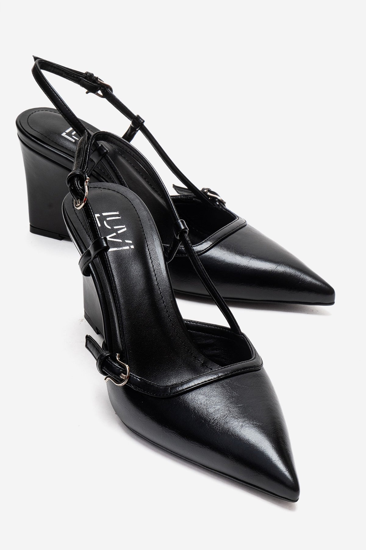 CELIA - Black Block Heel Pointed Toe Shoe – front three-quarter view showing leather, black, SimmiUnique