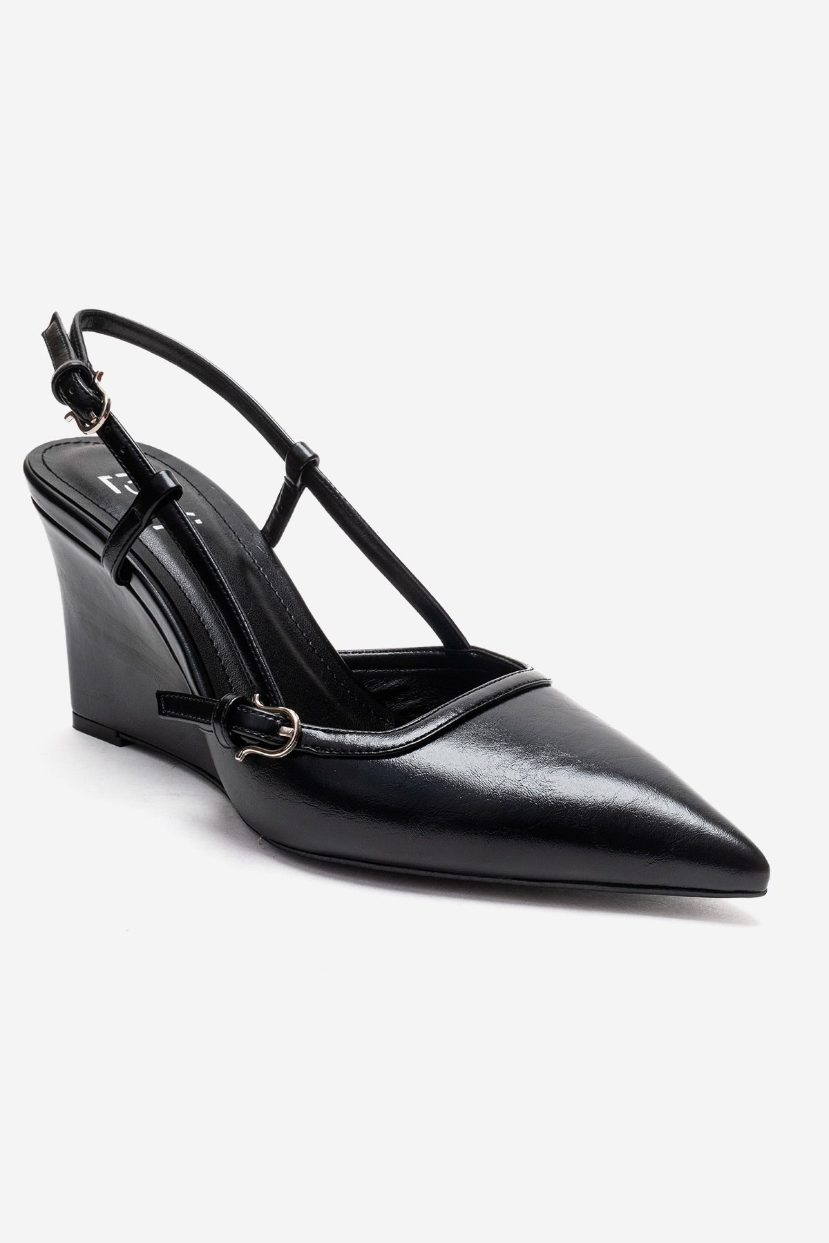 CELIA - Black Block Heel Pointed Toe Shoe – detail view showing leather, black, SimmiUnique