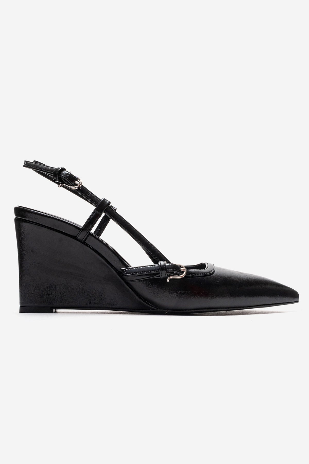 CELIA - Black Block Heel Pointed Toe Shoe – heel view showing leather, black, SimmiUnique