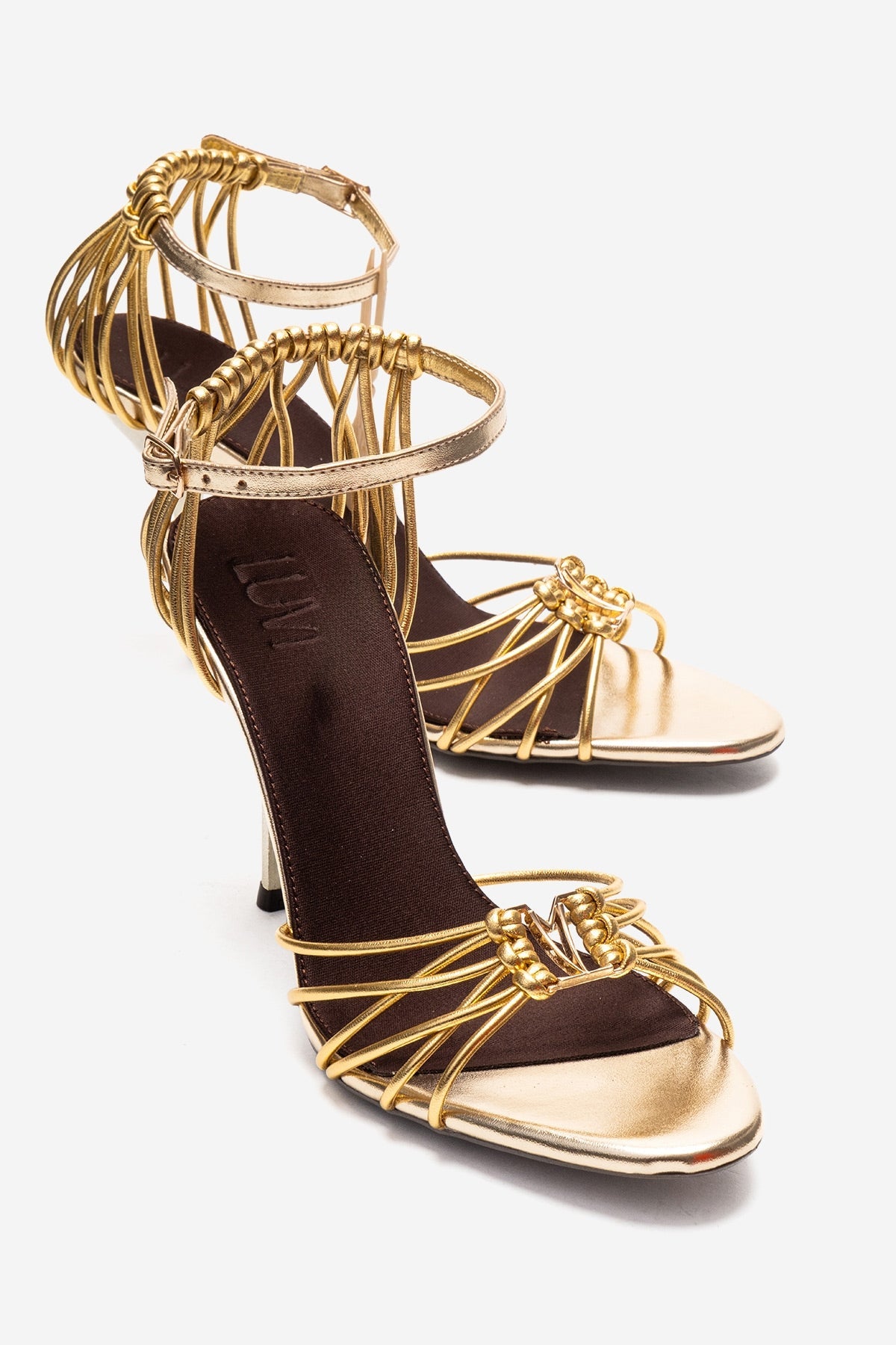 ARONA - Gold Stiletto Heel Shoe – front three-quarter view showing leather, metallic, gold, SimmiUnique