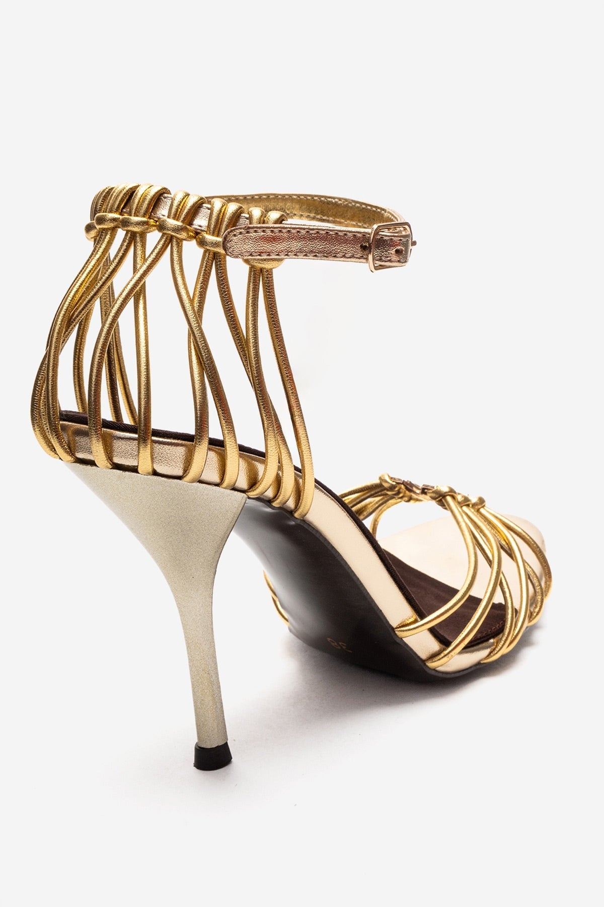 ARONA - Gold Stiletto Heel Shoe – back view showing leather, metallic, gold, SimmiUnique
