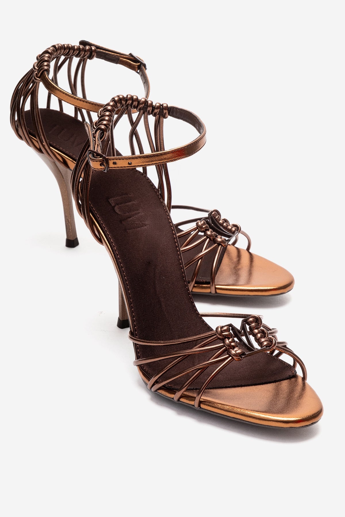 ARONA - Cognac Stiletto Heel Shoe – front three-quarter view showing leather, metallic, red, SimmiUnique