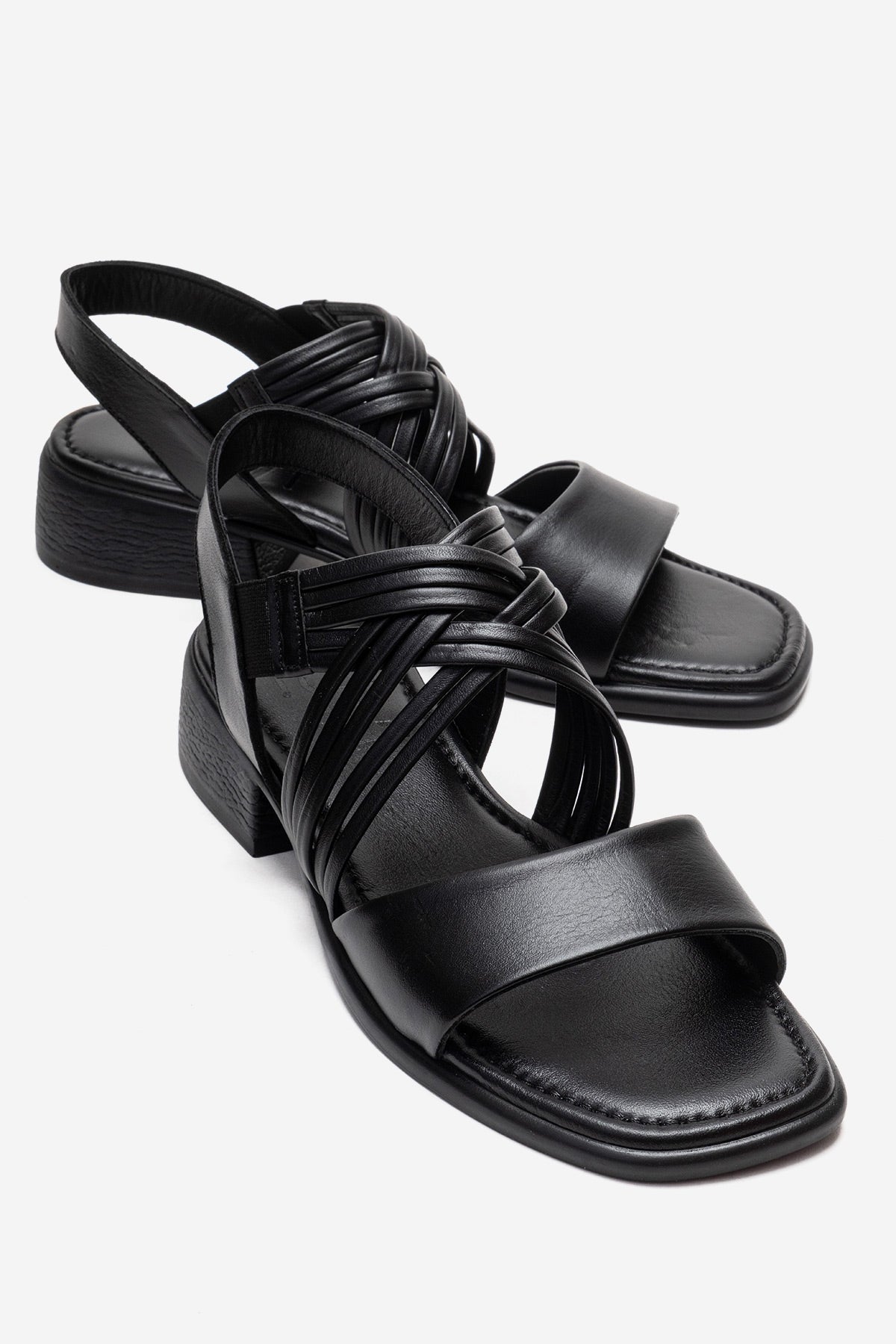 LIVELLO - Black Genuine Leather Multi-Strap Sandal – front three-quarter view showing leather, black, SimmiUnique
