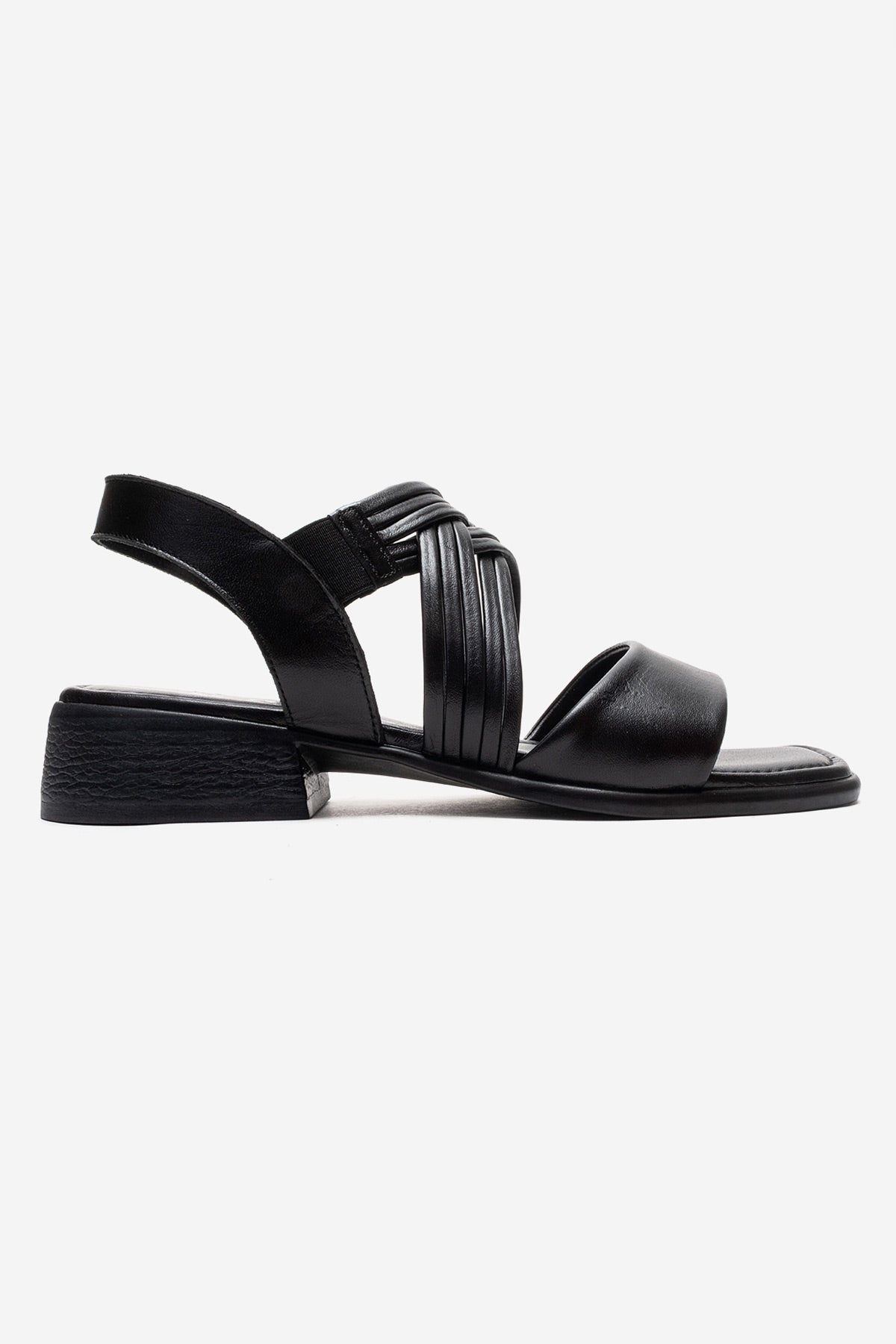 LIVELLO - Black Genuine Leather Multi-Strap Sandal – heel view showing leather, black, SimmiUnique