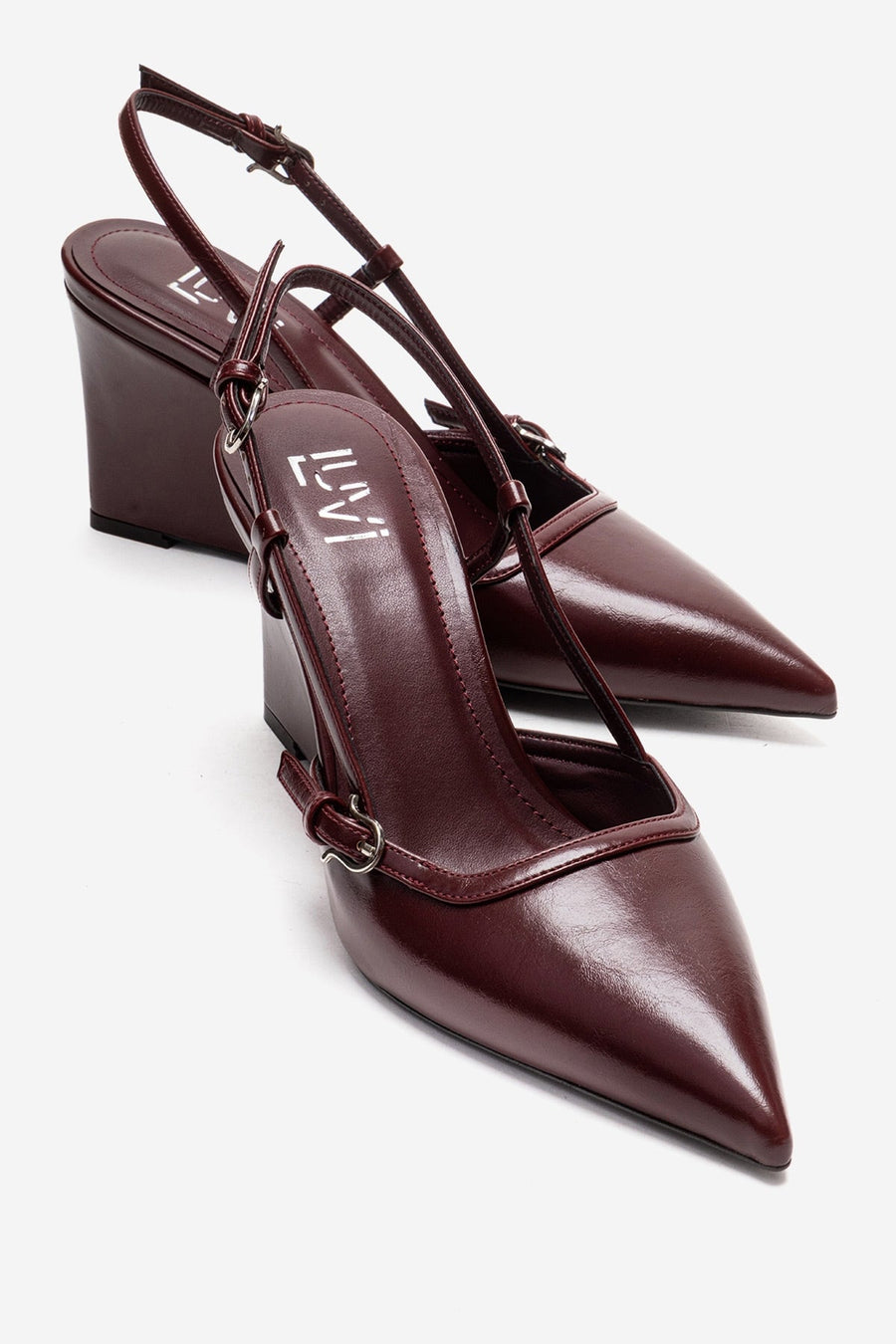 CELIA - Burgundy Genuine Leather Pointed Toe Wedge Heel Shoe