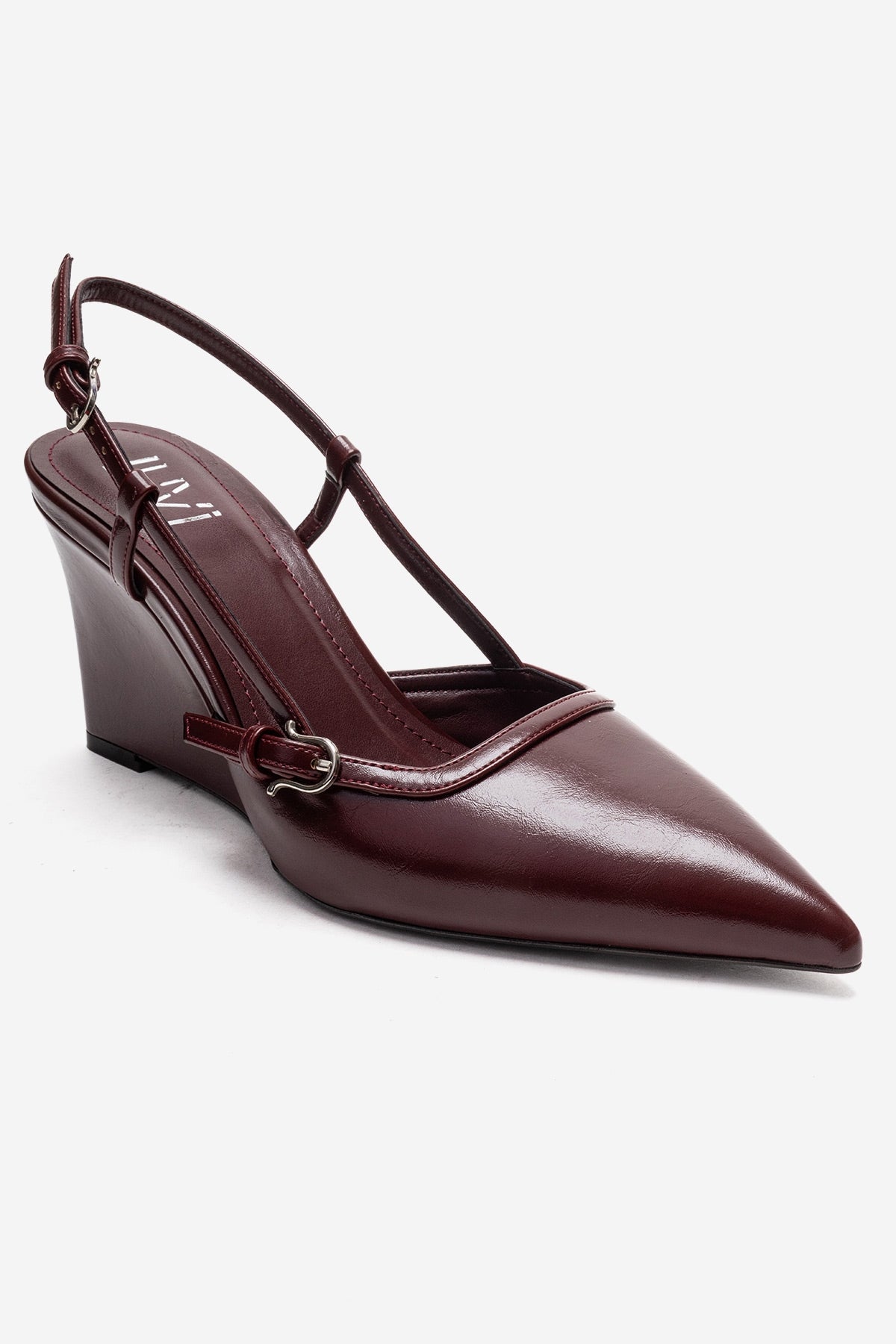 CELIA - Burgundy Genuine Leather Pointed Toe Wedge Heel Shoe – detail view showing leather, red, SimmiUnique