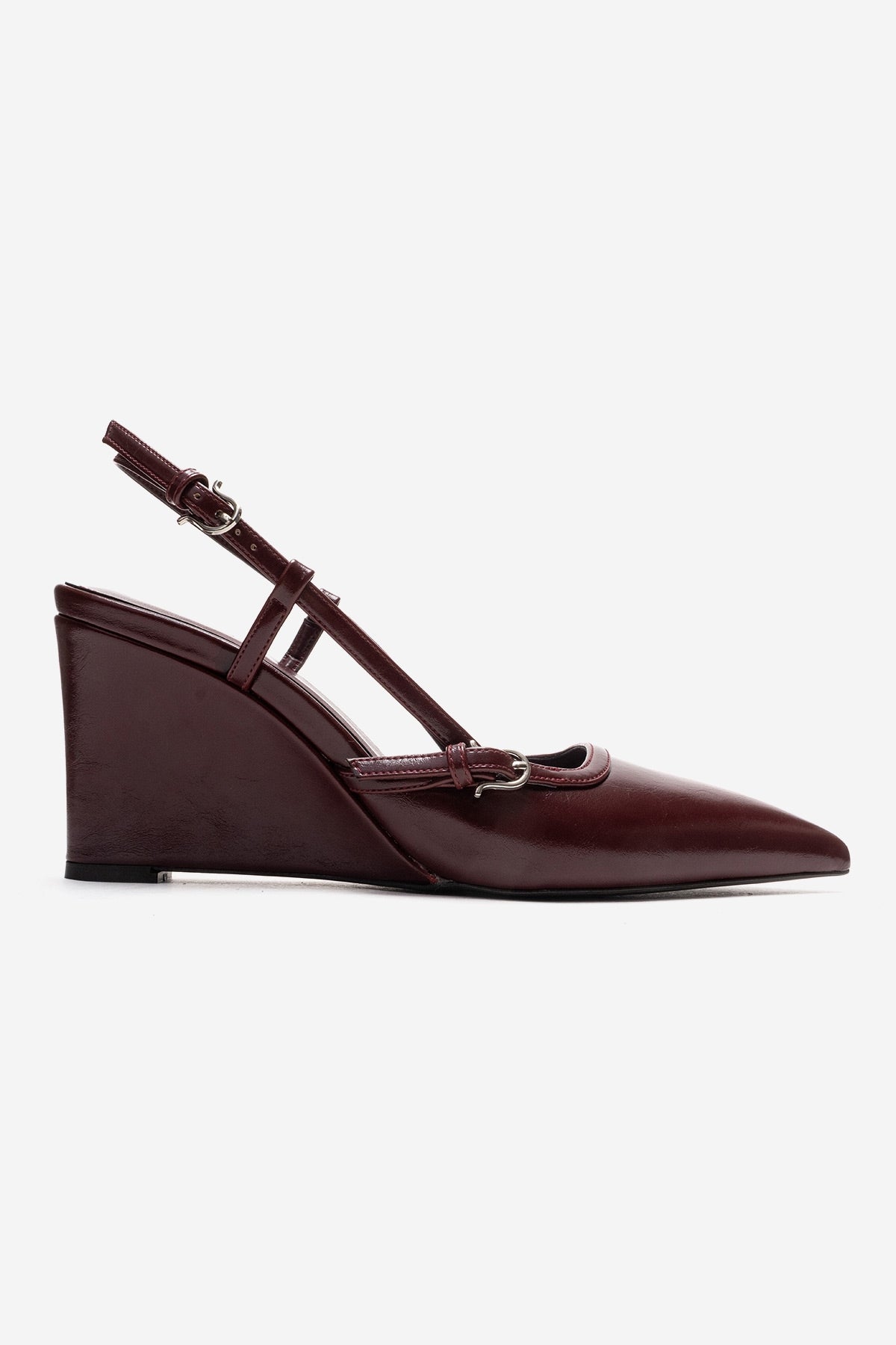 CELIA - Burgundy Genuine Leather Pointed Toe Wedge Heel Shoe – heel view showing leather, red, SimmiUnique