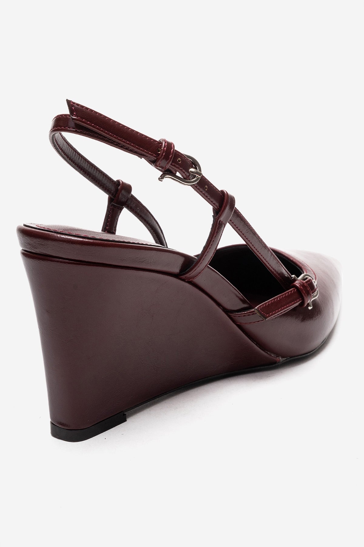CELIA - Burgundy Genuine Leather Pointed Toe Wedge Heel Shoe – back view showing leather, red, SimmiUnique