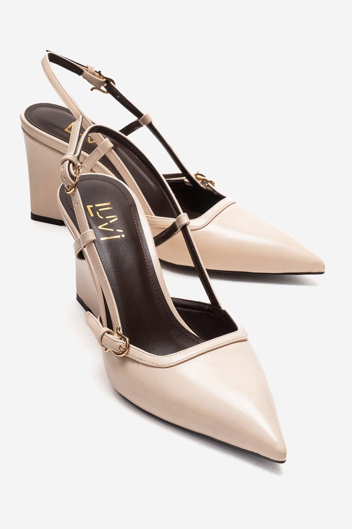 CELIA - Off-White Genuine Leather Pointed Toe Wedge Heel Shoe – front three-quarter view showing leather, white, SimmiUnique