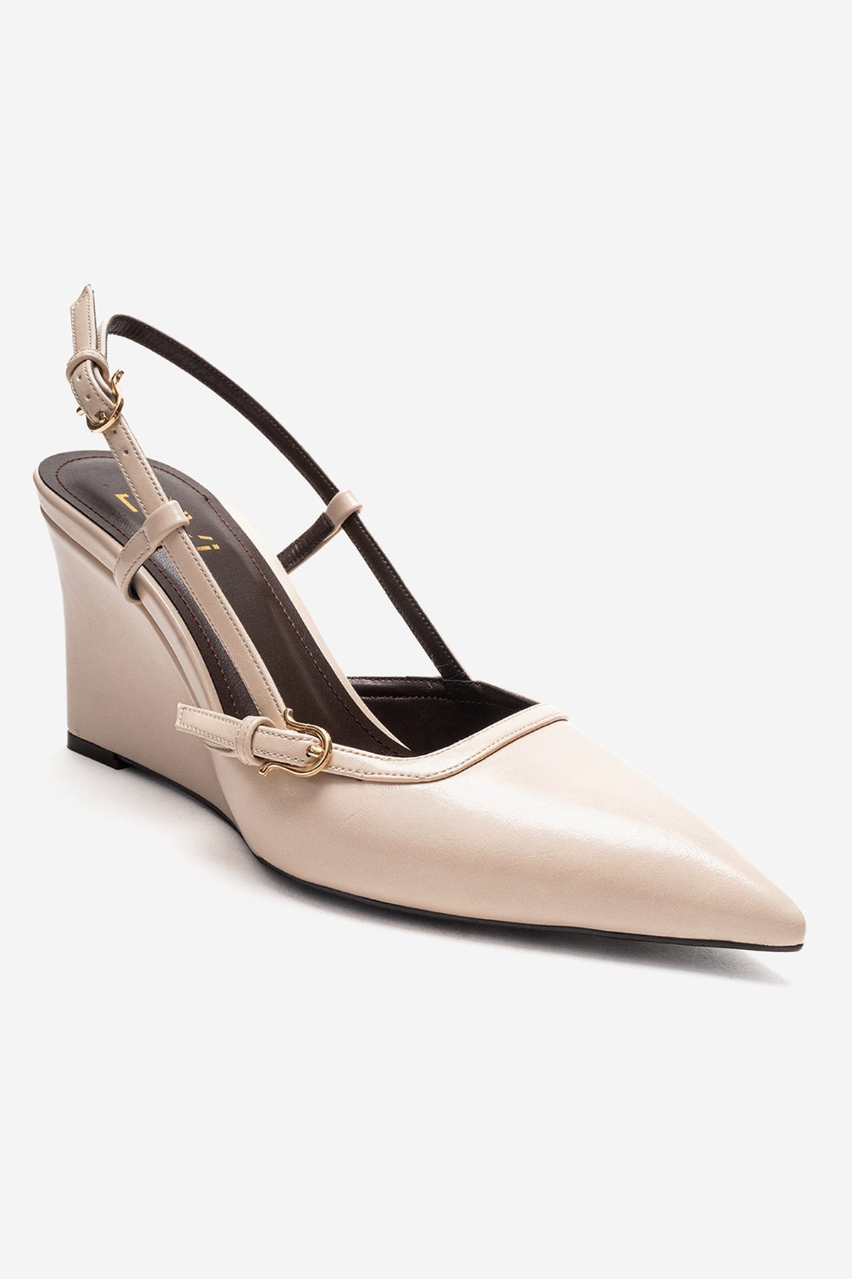 CELIA - Off-White Genuine Leather Pointed Toe Wedge Heel Shoe – detail view showing leather, white, SimmiUnique