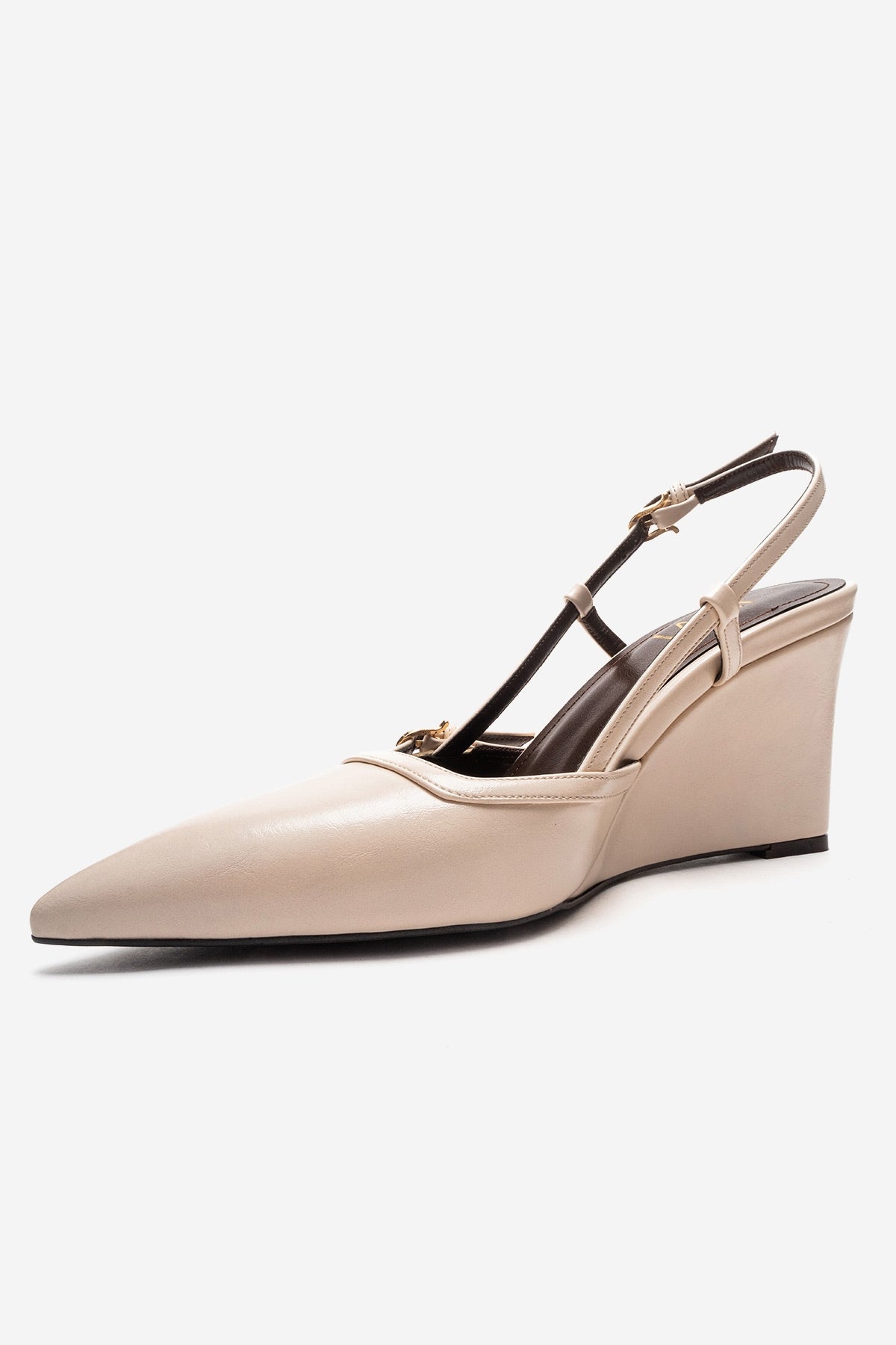 CELIA - Off-White Genuine Leather Pointed Toe Wedge Heel Shoe – top view showing leather, white, SimmiUnique