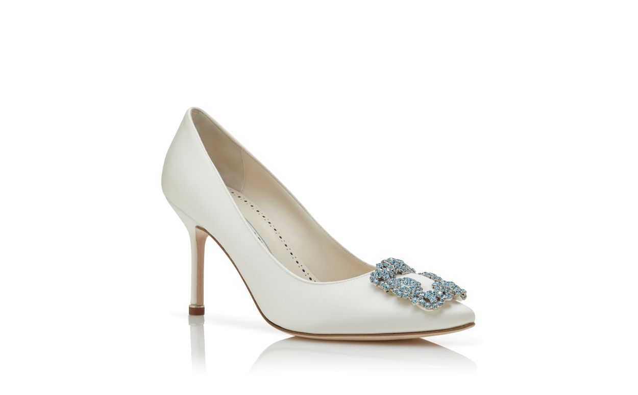 Ophelia Crown White Jewel Buckle Pumps – top view showing white jewel buckle, crystal buckle, almond toe, satin, SimmiUnique