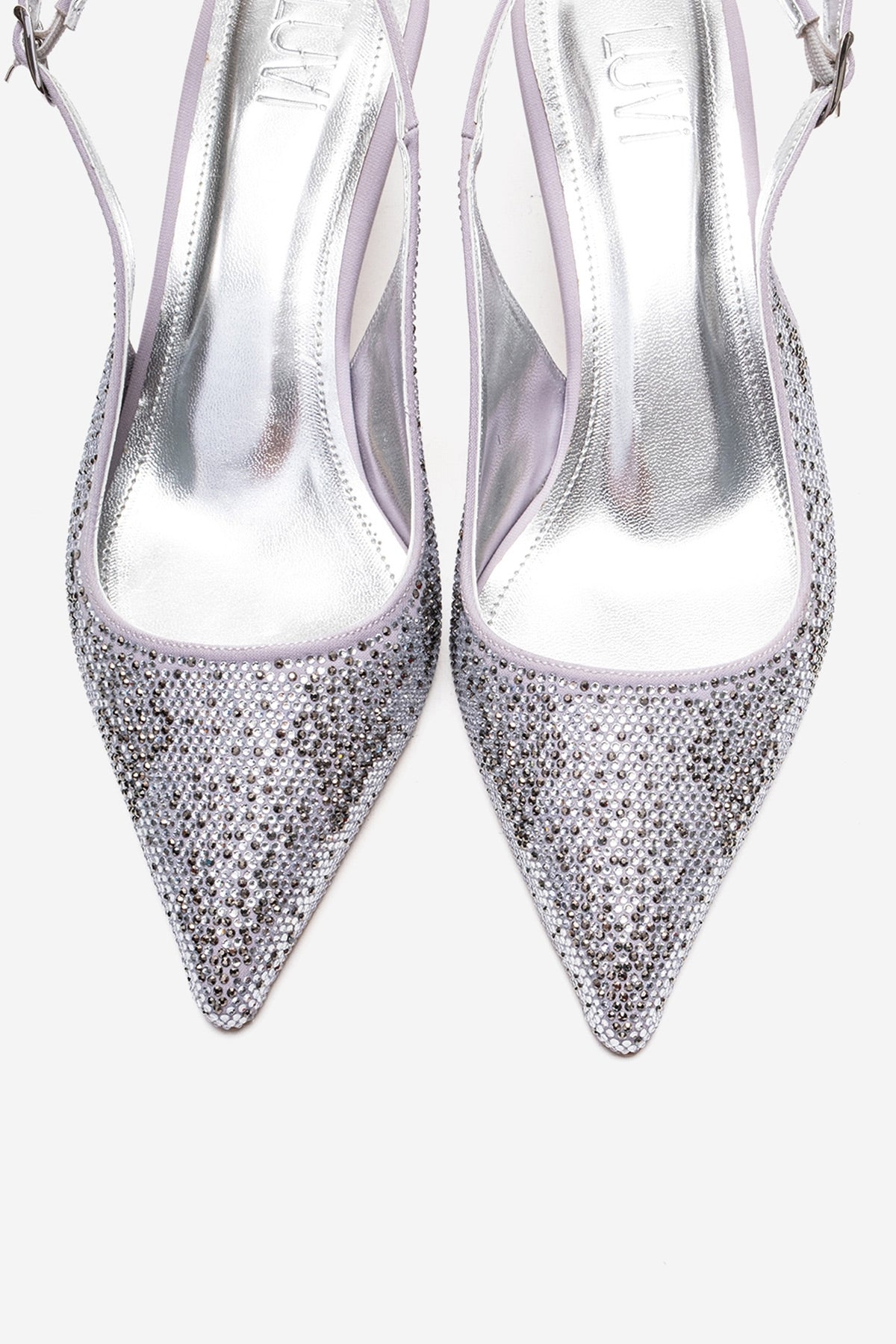 NELLA - Silver Jeweled Slingback Stiletto Pump – side view showing leather, silver, SimmiUnique