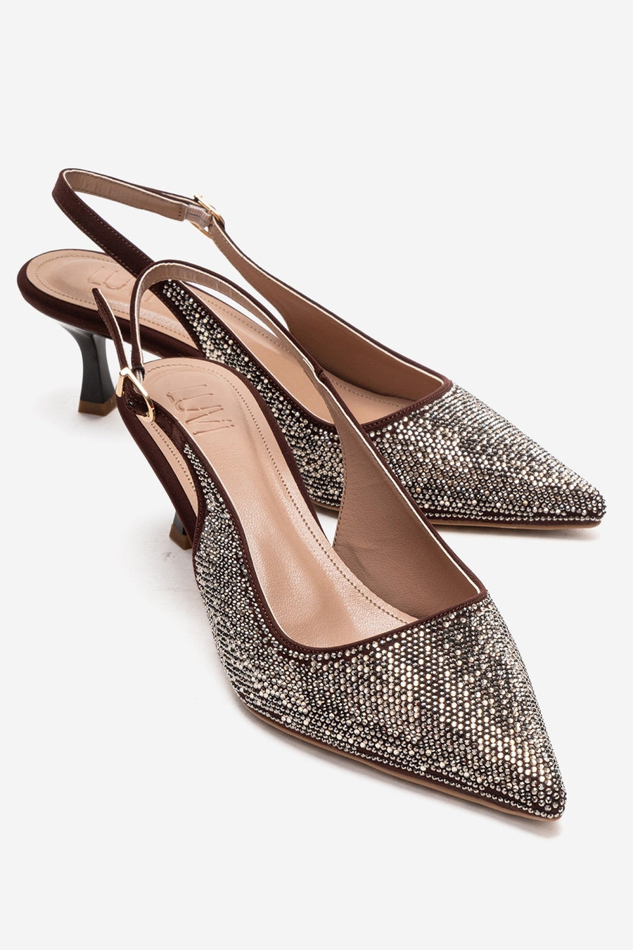 NELLA - Brown Gold Jeweled Slingback Stiletto Pump