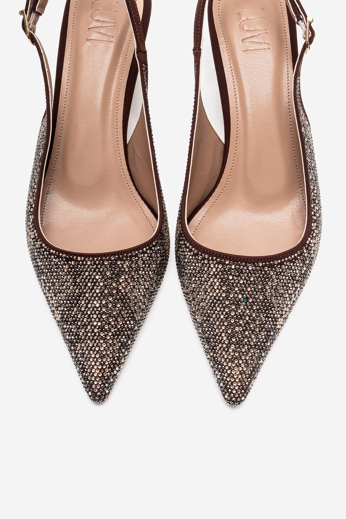 NELLA - Brown Gold Jeweled Slingback Stiletto Pump – side view showing leather, gold, SimmiUnique