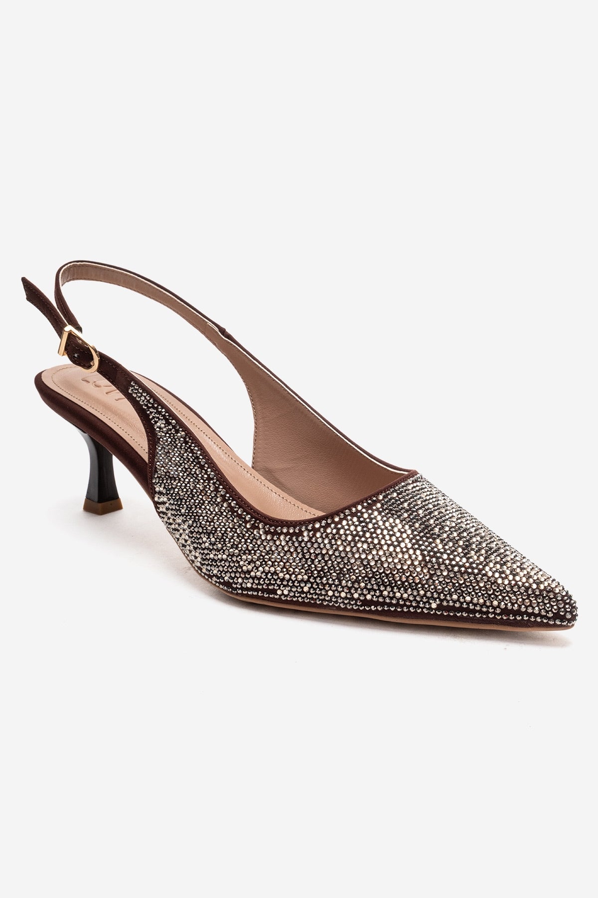 NELLA - Brown Gold Jeweled Slingback Stiletto Pump – detail view showing leather, gold, SimmiUnique