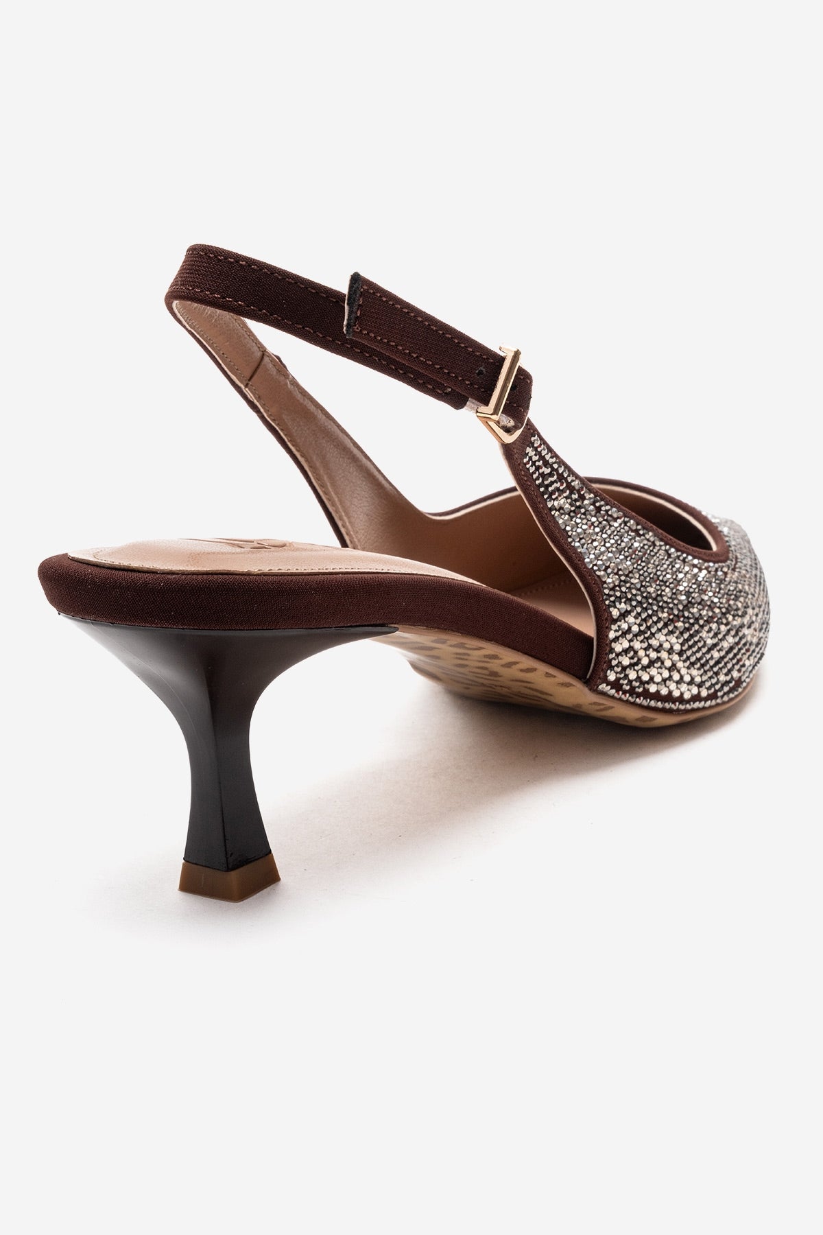 NELLA - Brown Gold Jeweled Slingback Stiletto Pump – back view showing leather, gold, SimmiUnique