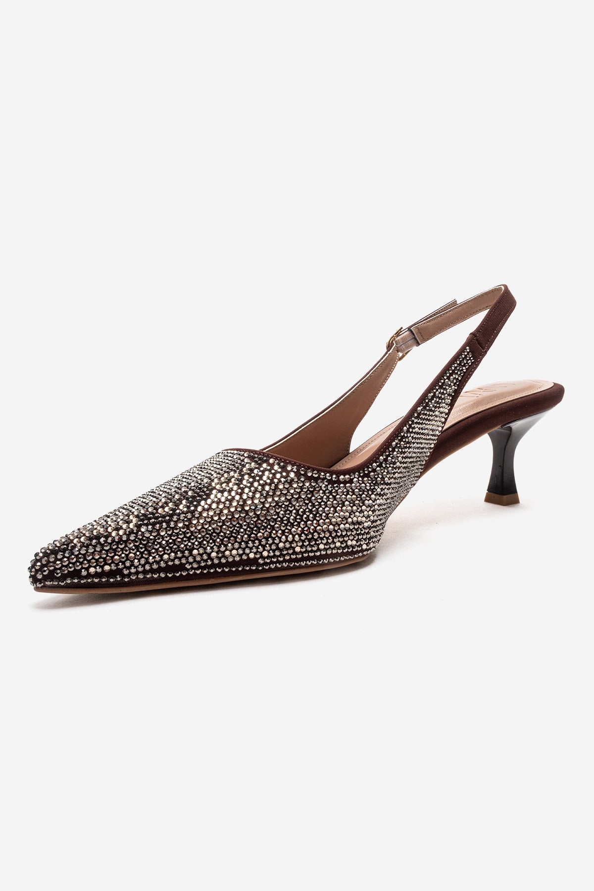 NELLA - Brown Gold Jeweled Slingback Stiletto Pump – top view showing leather, gold, SimmiUnique