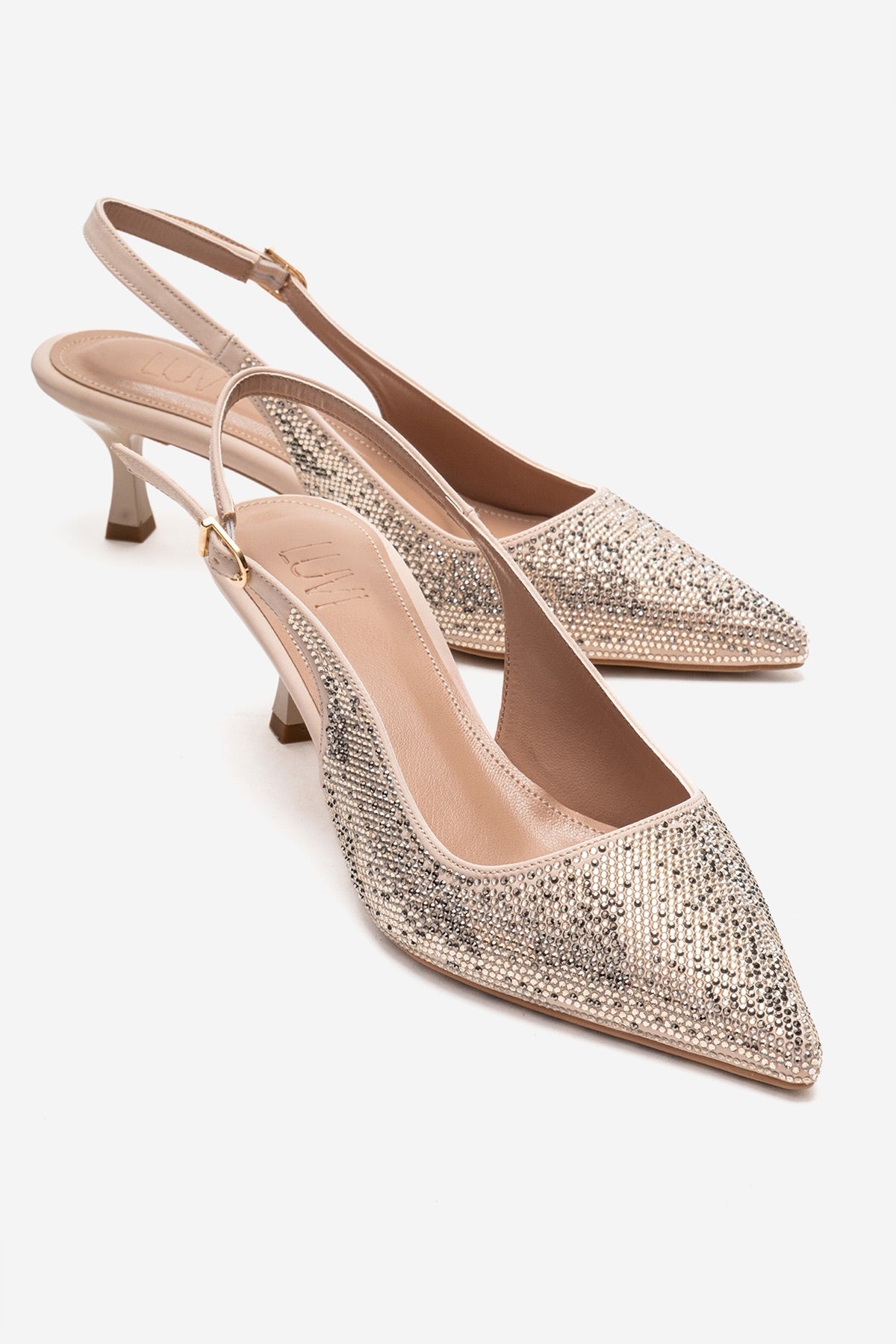 NELLA - Nude Gold Jeweled Slingback Stiletto Pump – front three-quarter view showing leather, gold, nude, SimmiUnique
