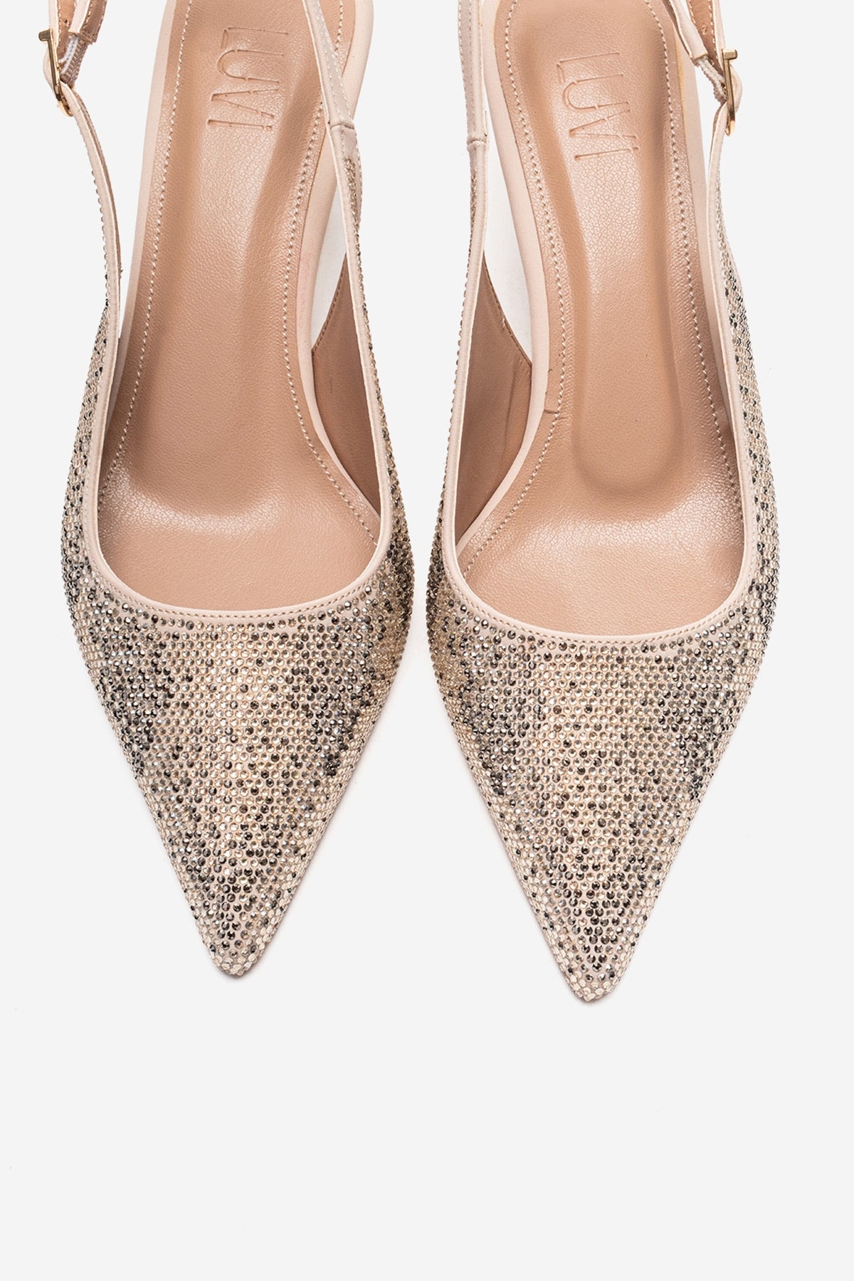 NELLA - Nude Gold Jeweled Slingback Stiletto Pump – side view showing leather, gold, nude, SimmiUnique
