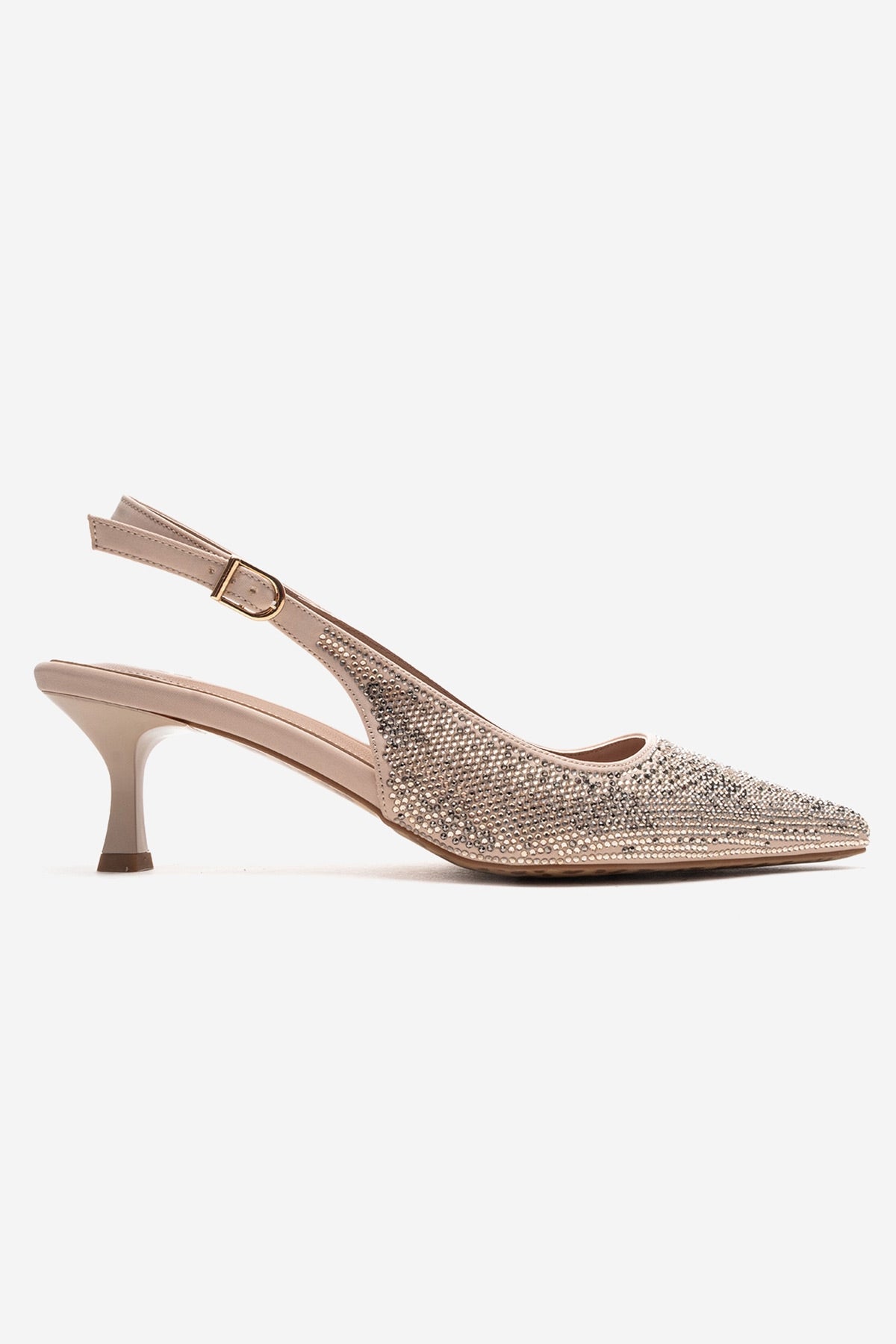 NELLA - Nude Gold Jeweled Slingback Stiletto Pump – heel view showing leather, gold, nude, SimmiUnique