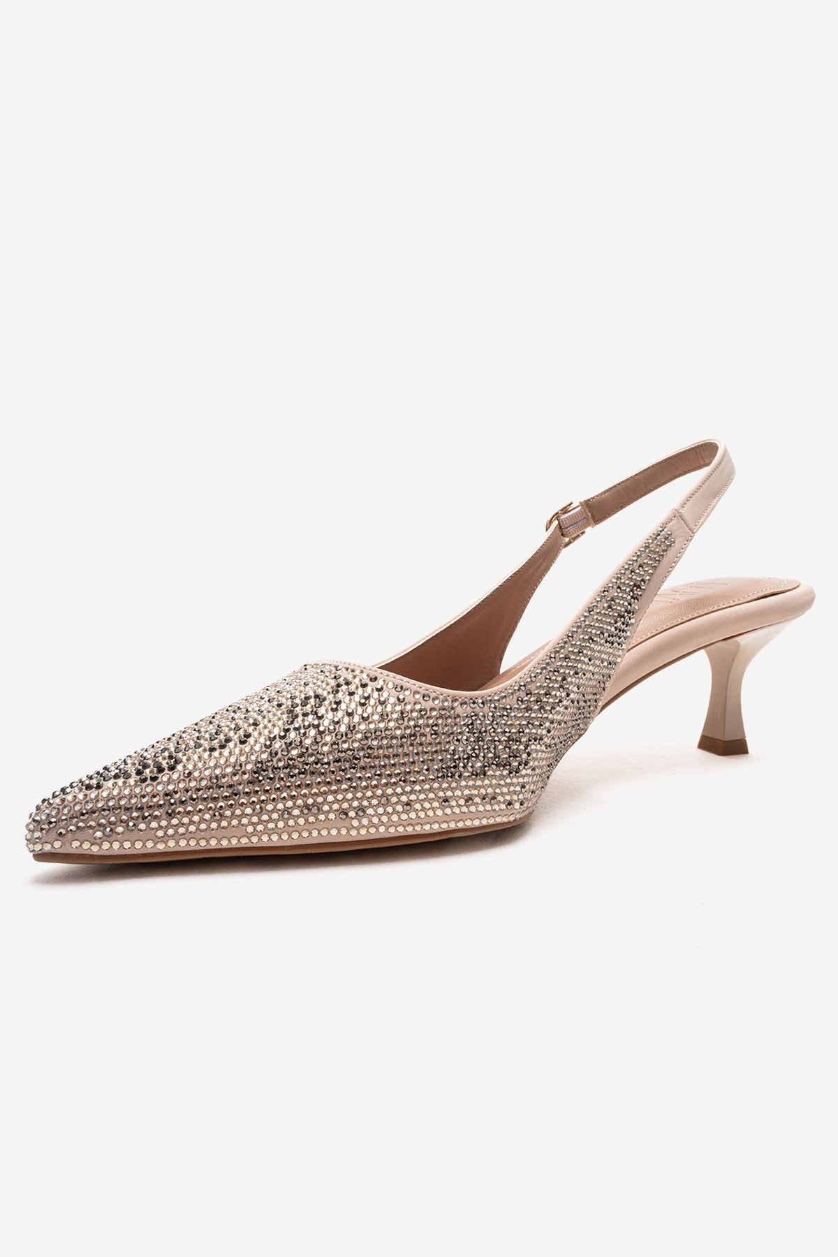 NELLA - Nude Gold Jeweled Slingback Stiletto Pump – top view showing leather, gold, nude, SimmiUnique