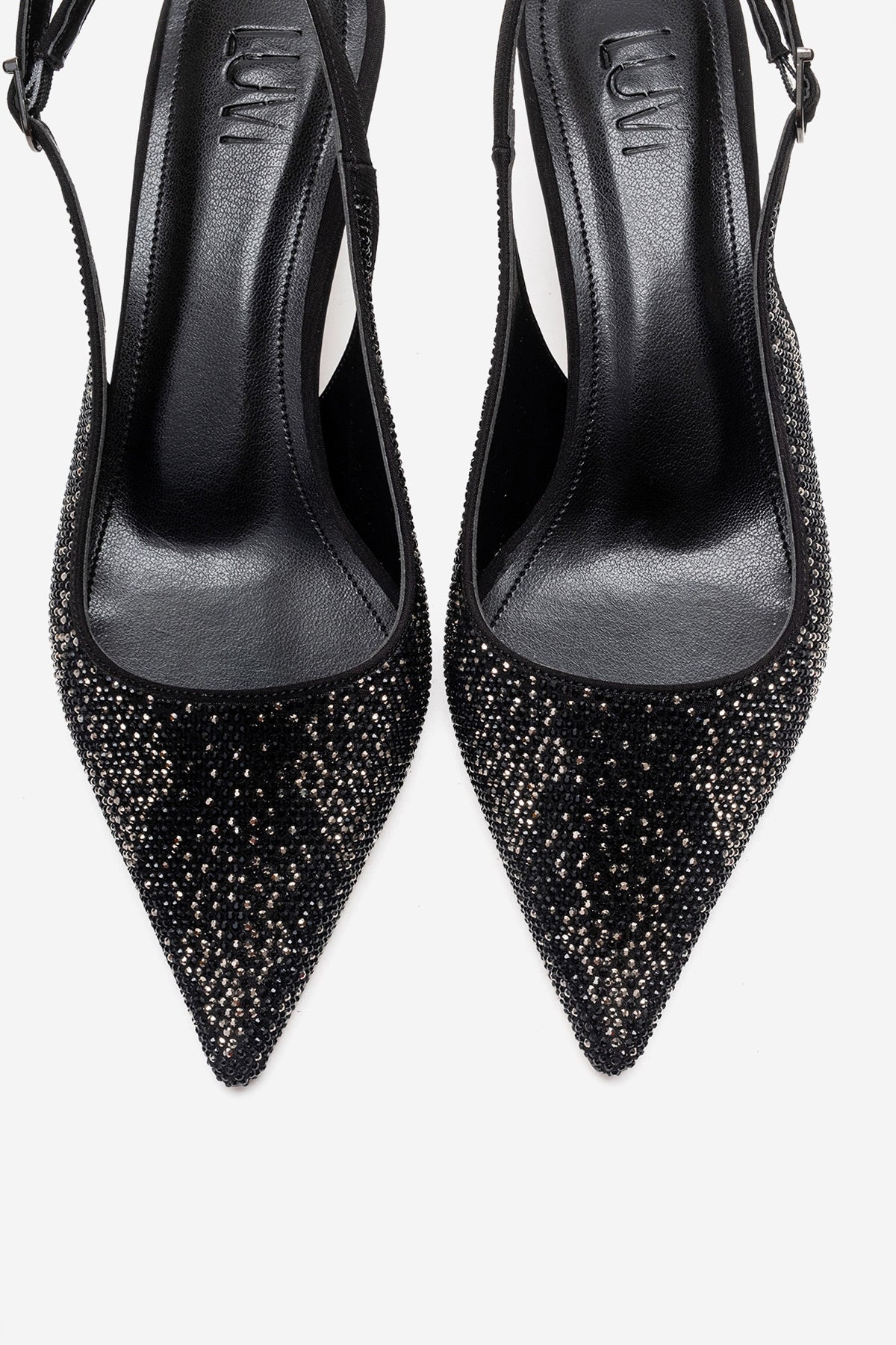 NELLA - Black Platinum Jeweled Slingback Stiletto Pump – side view showing crystal, leather, black, SimmiUnique