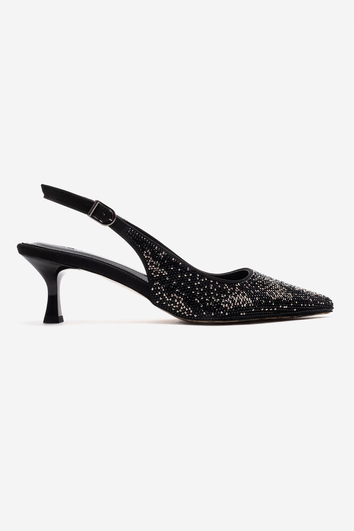 NELLA - Black Platinum Jeweled Slingback Stiletto Pump – heel view showing crystal, leather, black, SimmiUnique
