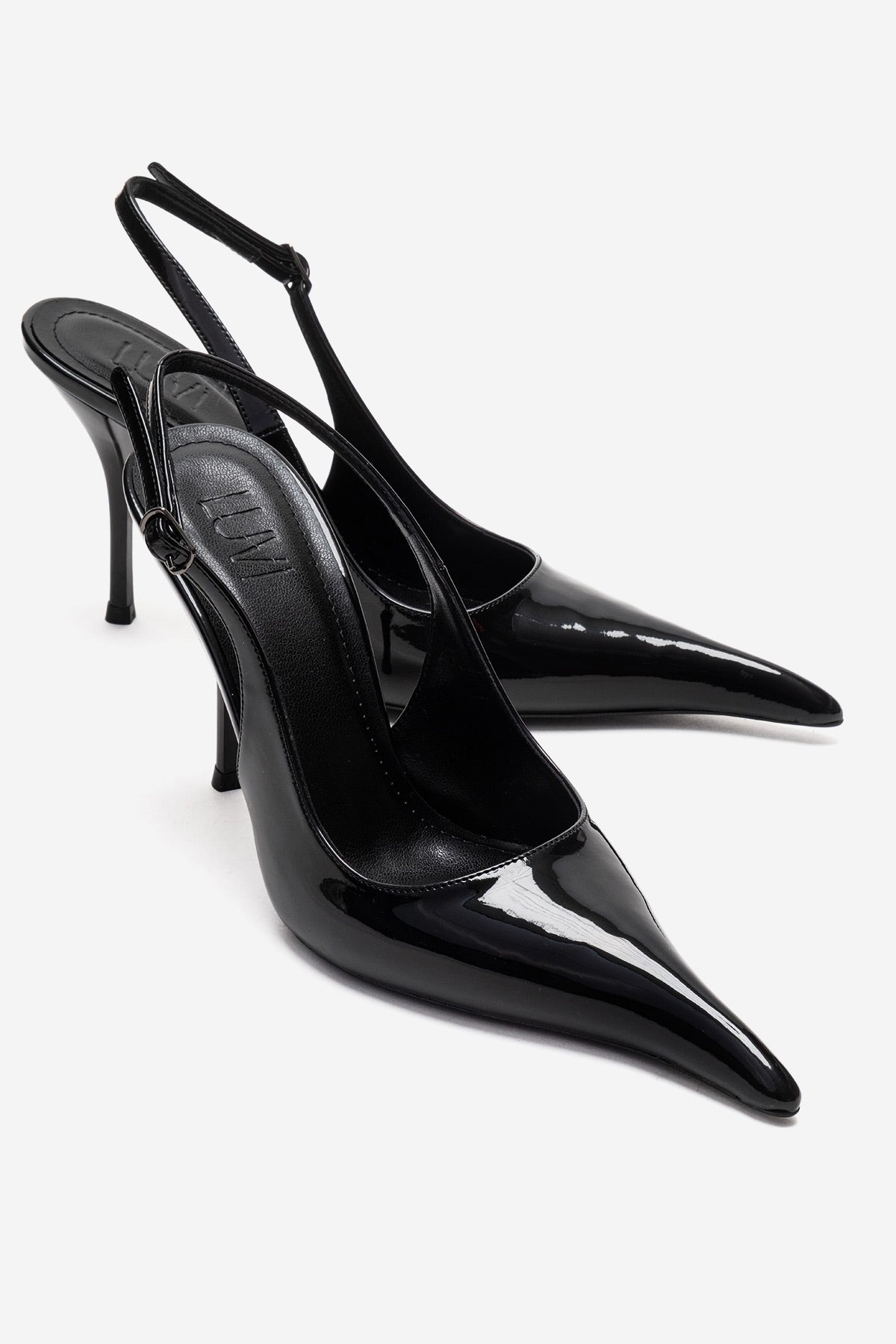 CANDY - Black Pointed Toe Slingback Stiletto Pump – front three-quarter view showing leather, black, SimmiUnique