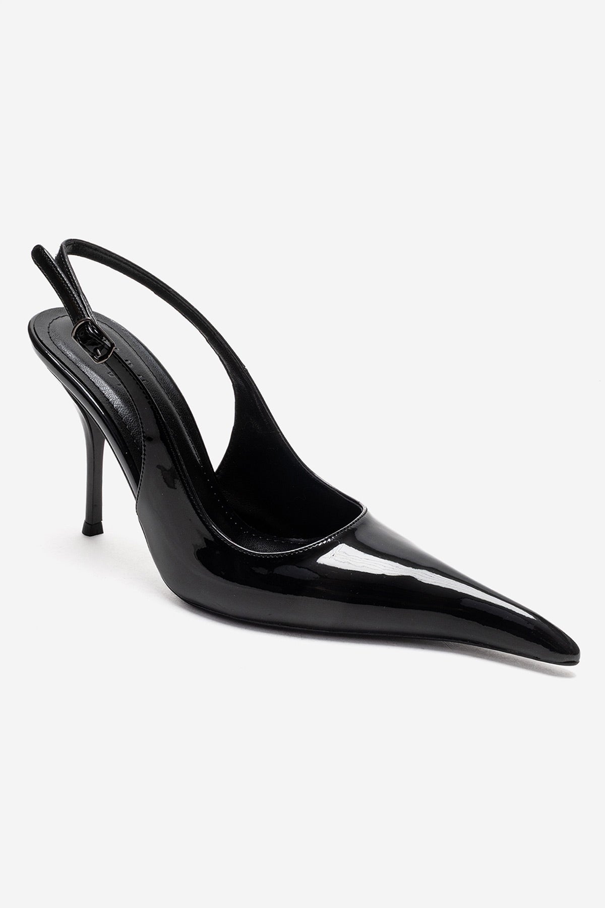 CANDY - Black Pointed Toe Slingback Stiletto Pump – detail view showing leather, black, SimmiUnique