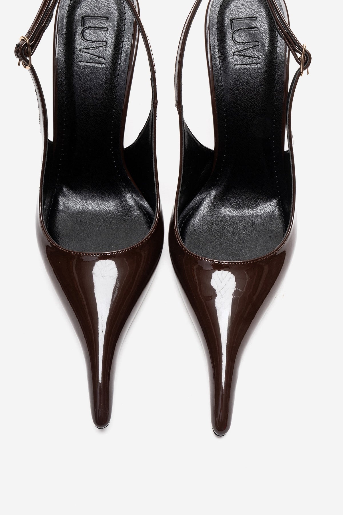 CANDY - Brown Genuine Leather Patent Pointed-Toe Stiletto Pump – side view showing leather, SimmiUnique