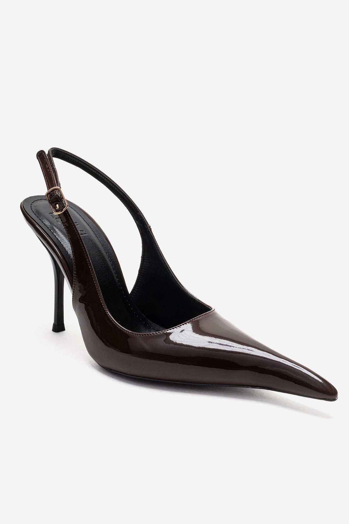 CANDY - Brown Genuine Leather Patent Pointed-Toe Stiletto Pump – detail view showing leather, SimmiUnique