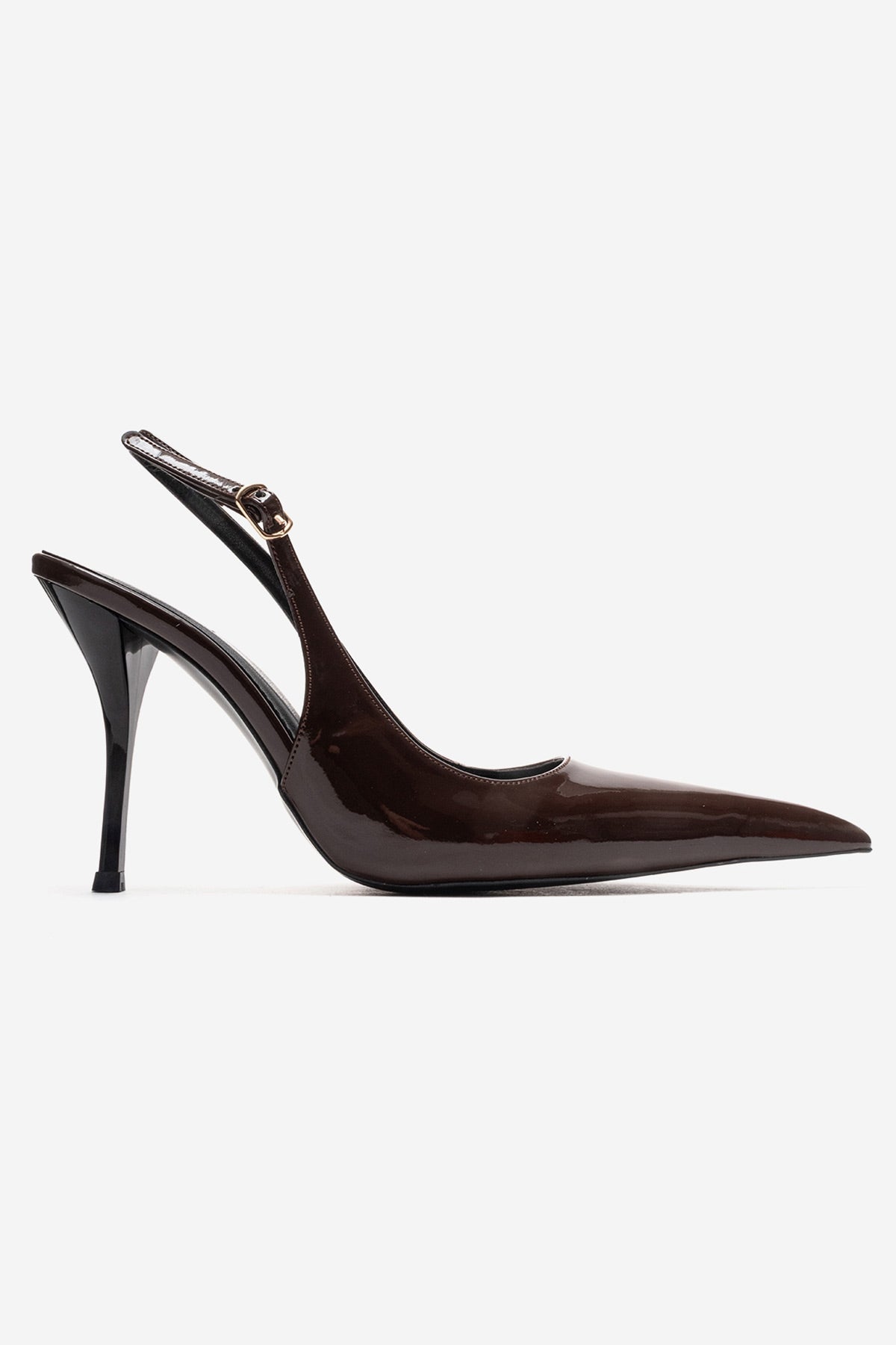 CANDY - Brown Genuine Leather Patent Pointed-Toe Stiletto Pump – heel view showing leather, SimmiUnique
