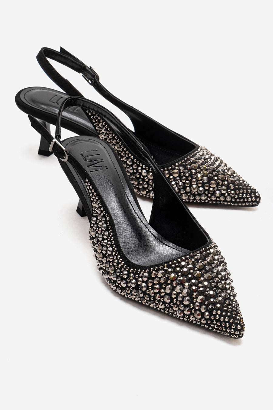 THEA - Black Genuine Leather Platinum-Crystal-Embellished Kitten Heel