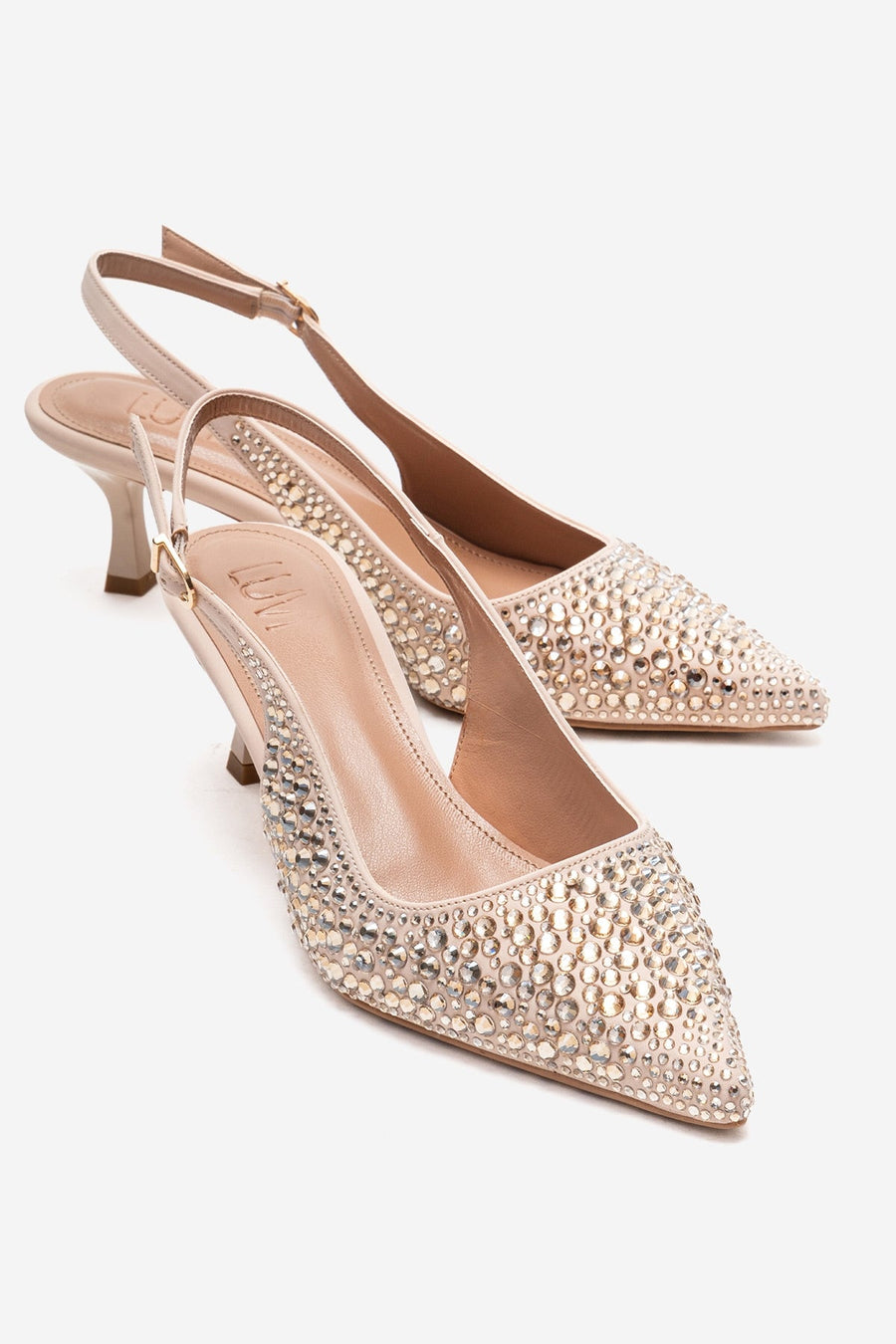 THEA - Nude Genuine Leather Gold-Crystal-Embellished Kitten Heel