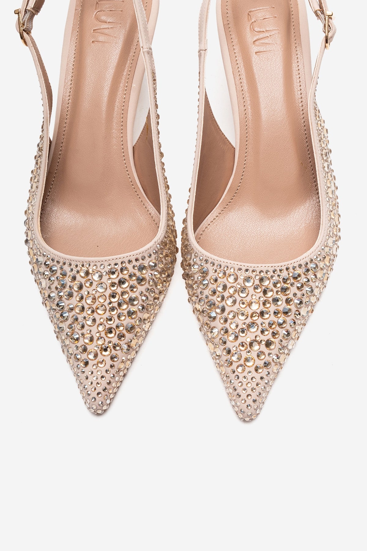 THEA - Nude Genuine Leather Gold-Crystal-Embellished Kitten Heel – side view showing crystal, leather, gold, SimmiUnique
