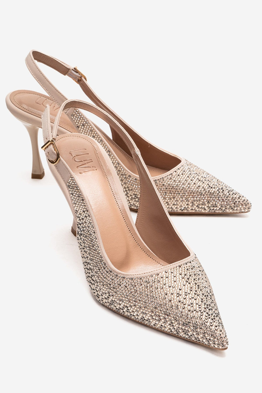 JOHANNA - Nude Genuine Leather Gold-Crystal-Embellished Stiletto Pump