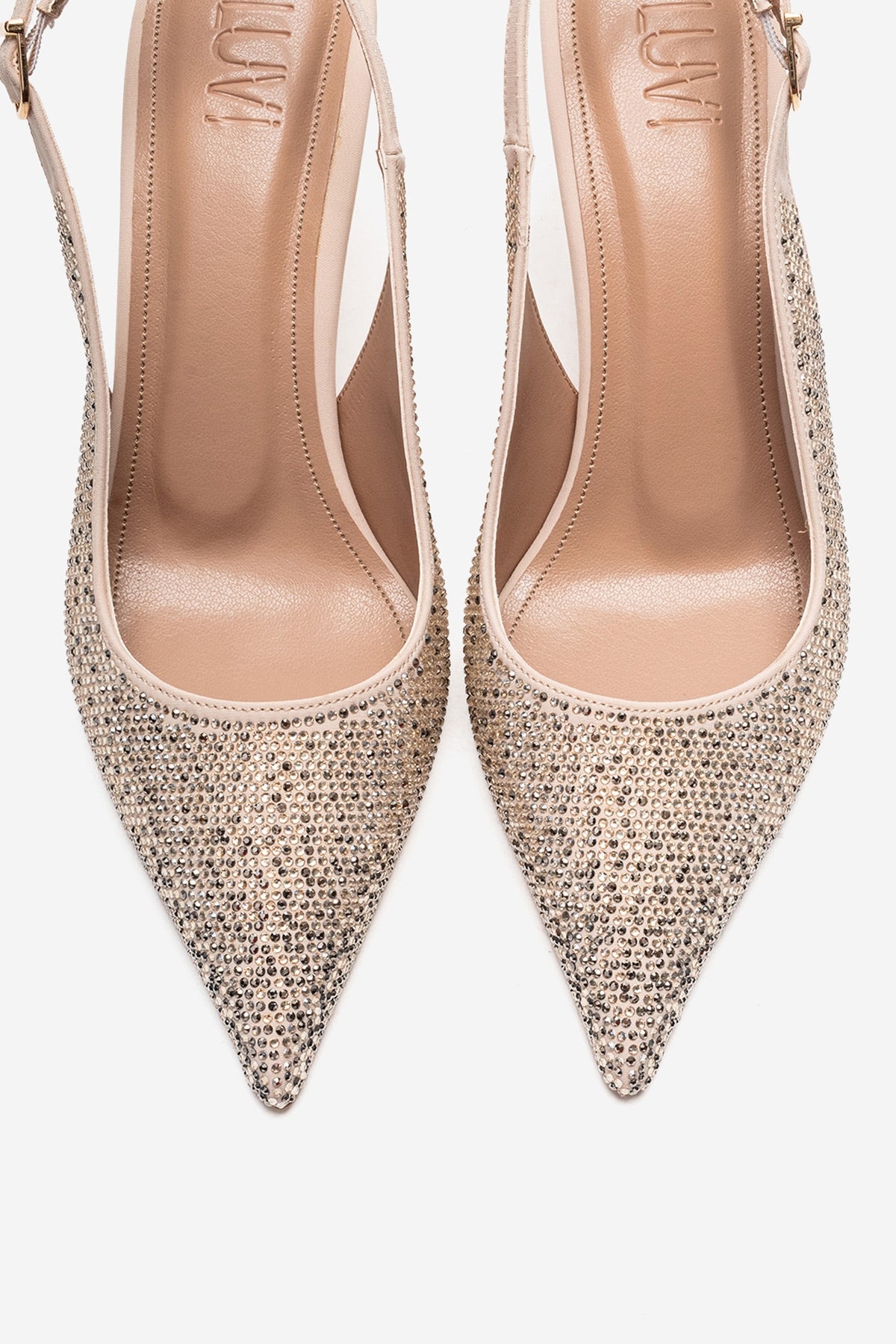 JOHANNA - Nude Genuine Leather Gold-Crystal-Embellished Stiletto Pump – side view showing crystal, leather, gold, SimmiUnique