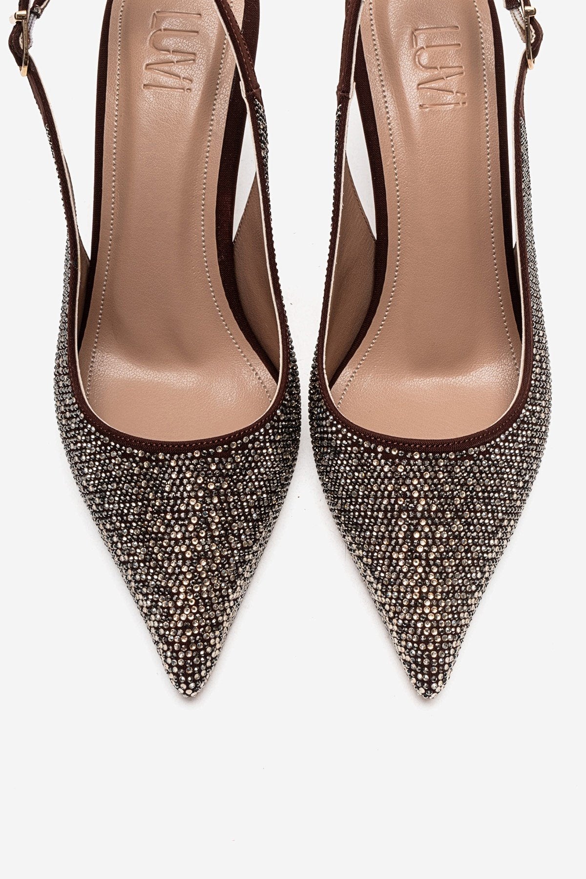 JOHANNA - Brown Gold-Embellished Slingback Stiletto Pump – side view showing leather, gold, SimmiUnique