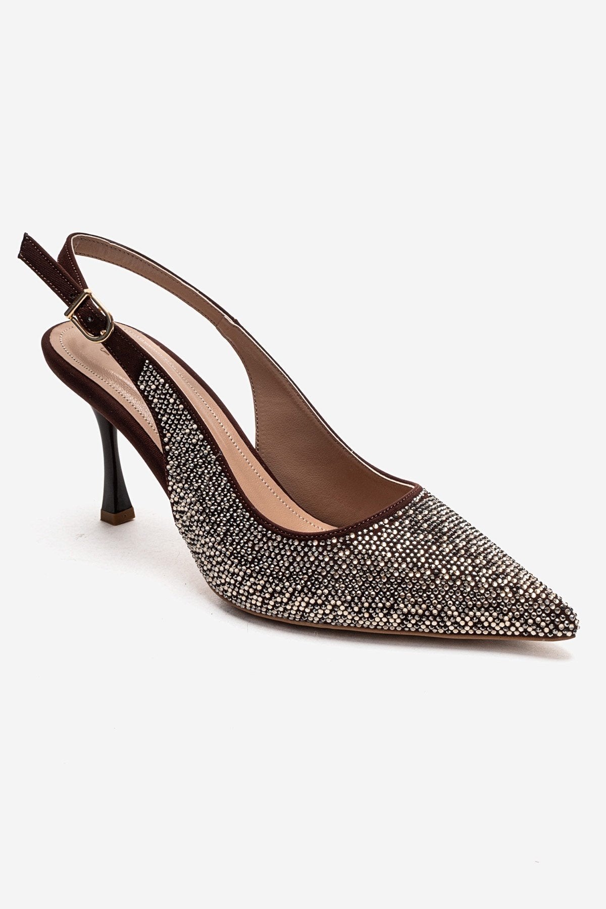 JOHANNA - Brown Gold-Embellished Slingback Stiletto Pump – detail view showing leather, gold, SimmiUnique